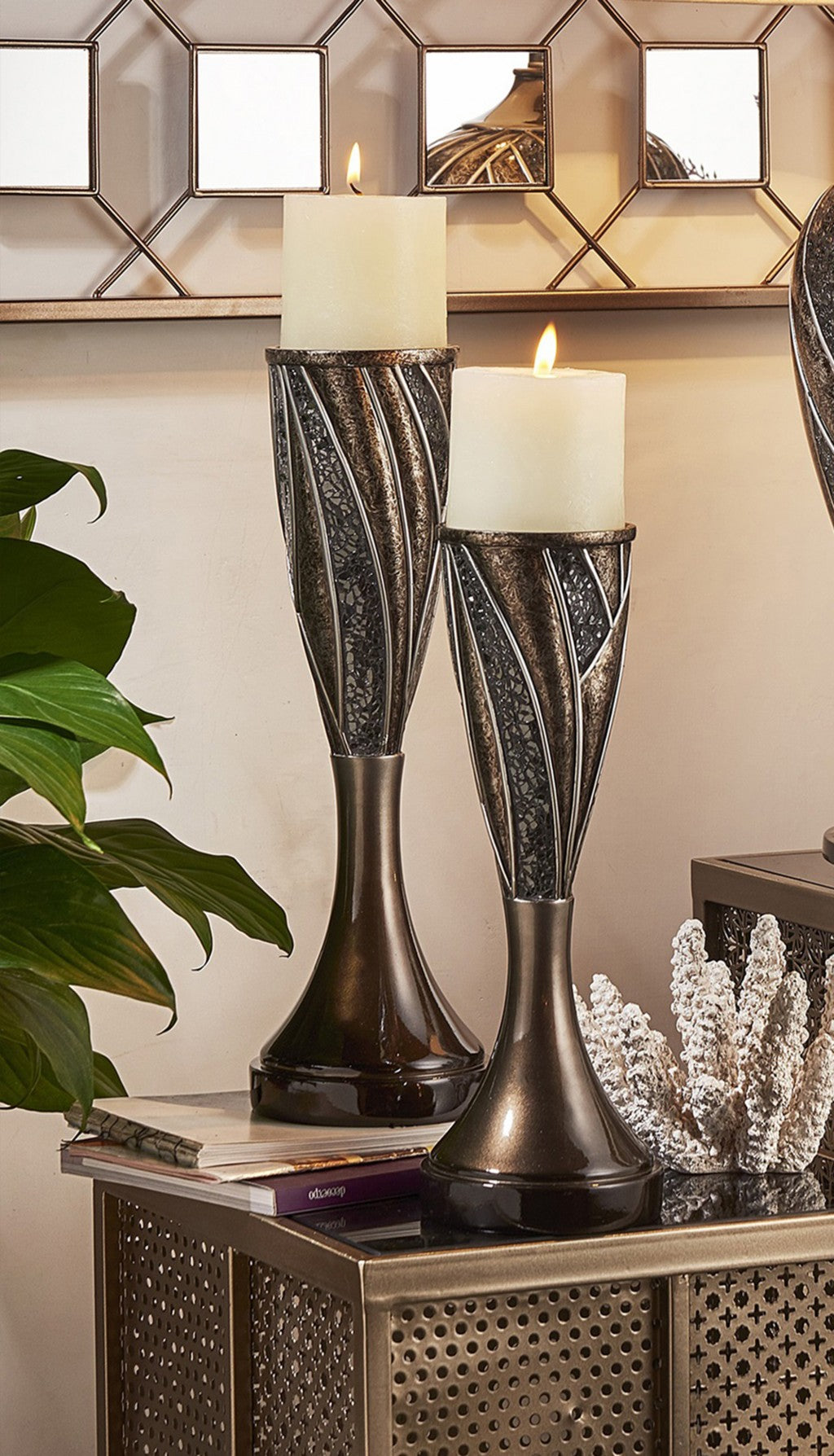 Set of Two Black Silver and Bronze Polyresin Abstract Centerpiece Pillar Candle Holders With Candle-Candle Holders-DECOROLALA
