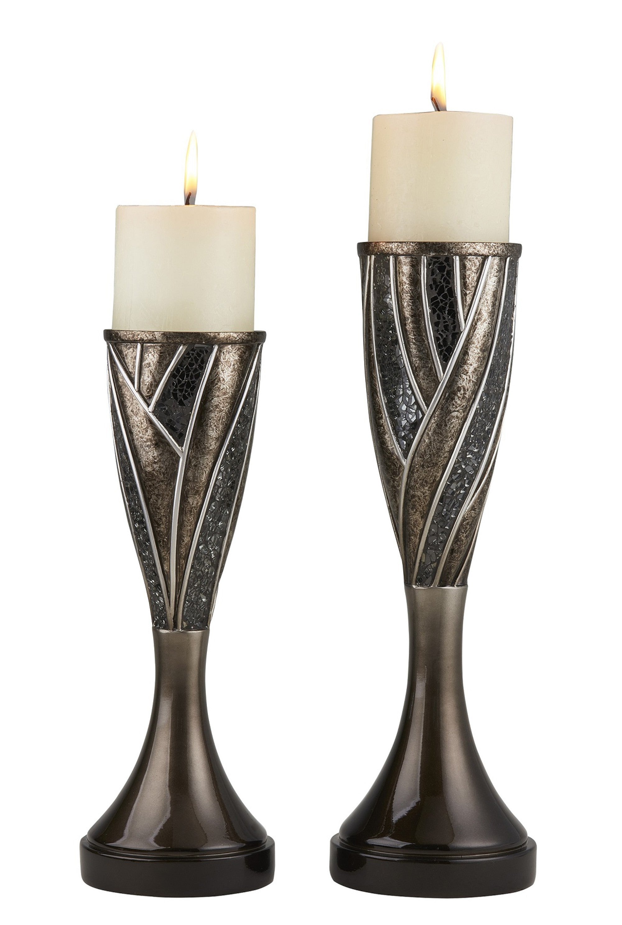 Set of Two Black Silver and Bronze Polyresin Abstract Centerpiece Pillar Candle Holders With Candle-Candle Holders-DECOROLALA