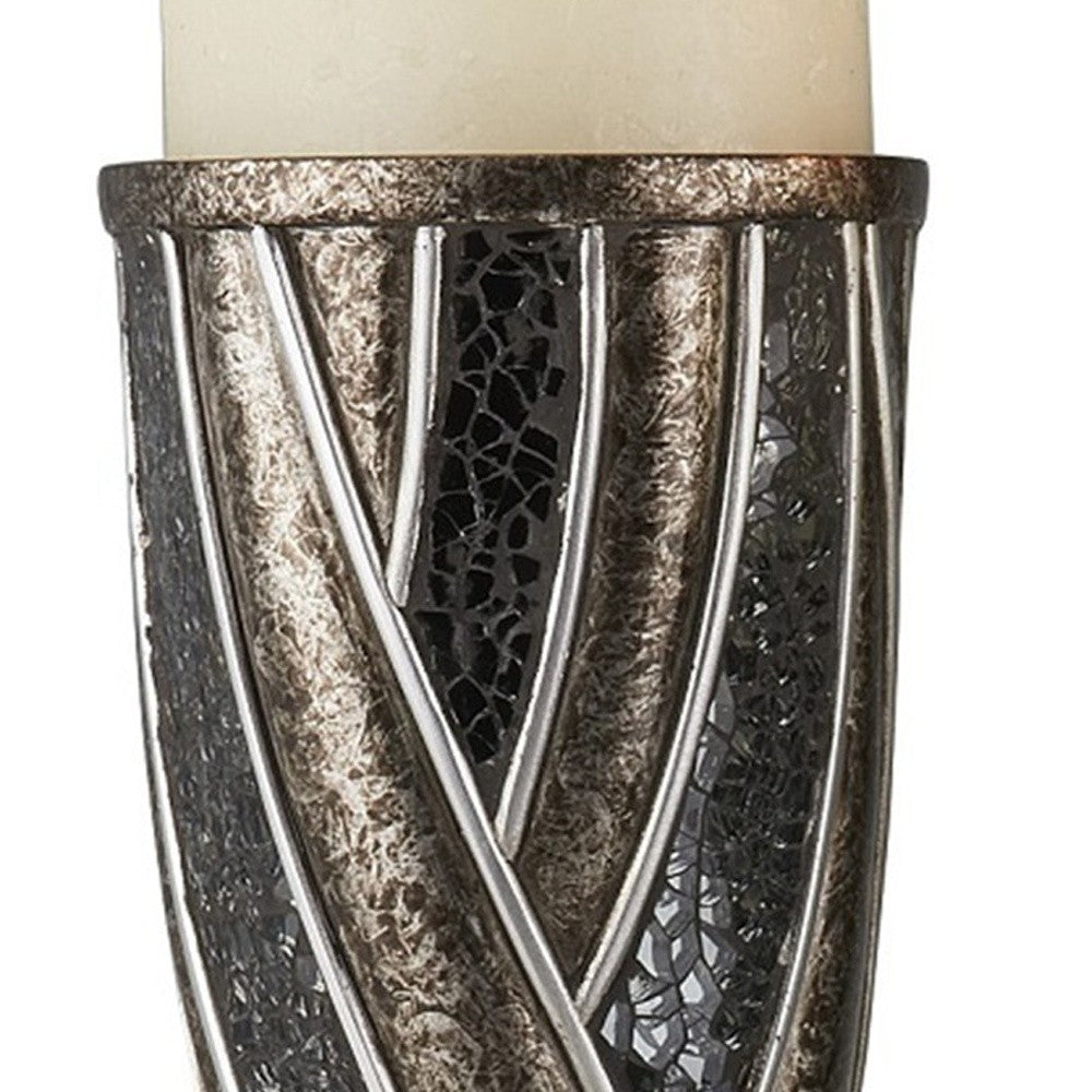 Set of Two Black Silver and Bronze Polyresin Abstract Centerpiece Pillar Candle Holders With Candle-Candle Holders-DECOROLALA