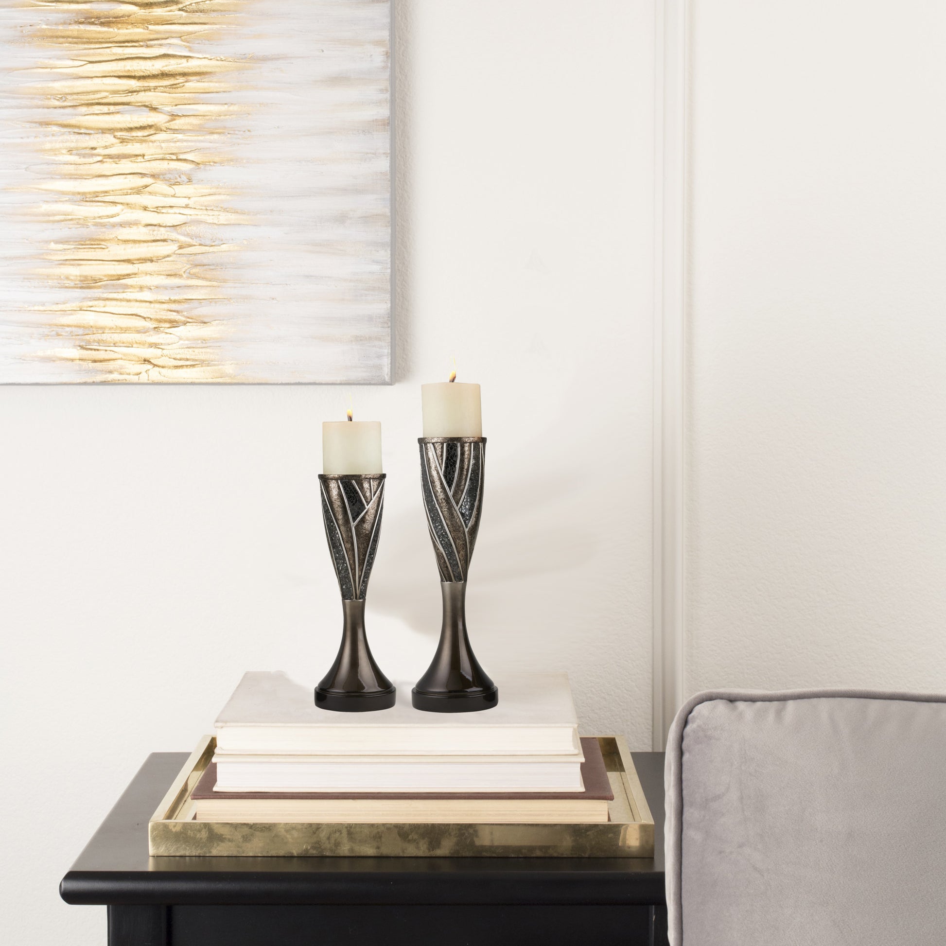 Set of Two Black Silver and Bronze Polyresin Abstract Centerpiece Pillar Candle Holders With Candle-Candle Holders-DECOROLALA