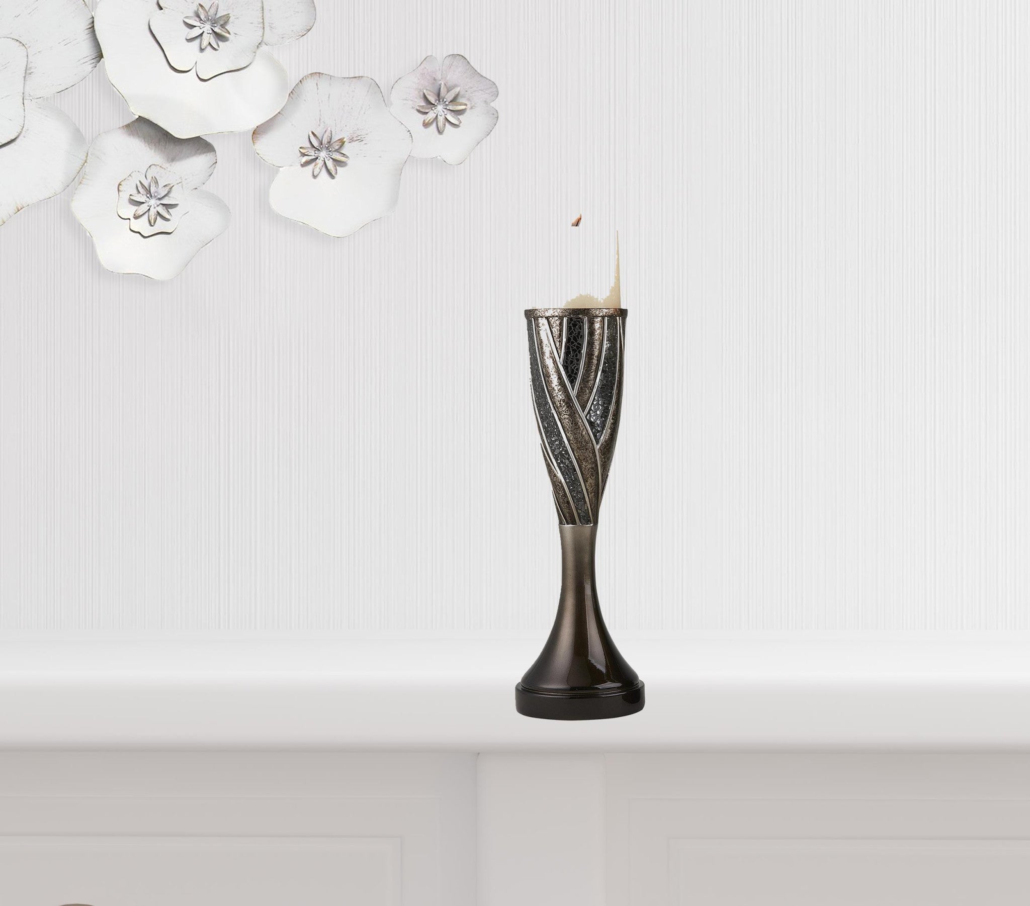 Set of Two Black Silver and Bronze Polyresin Abstract Centerpiece Pillar Candle Holders With Candle-Candle Holders-DECOROLALA