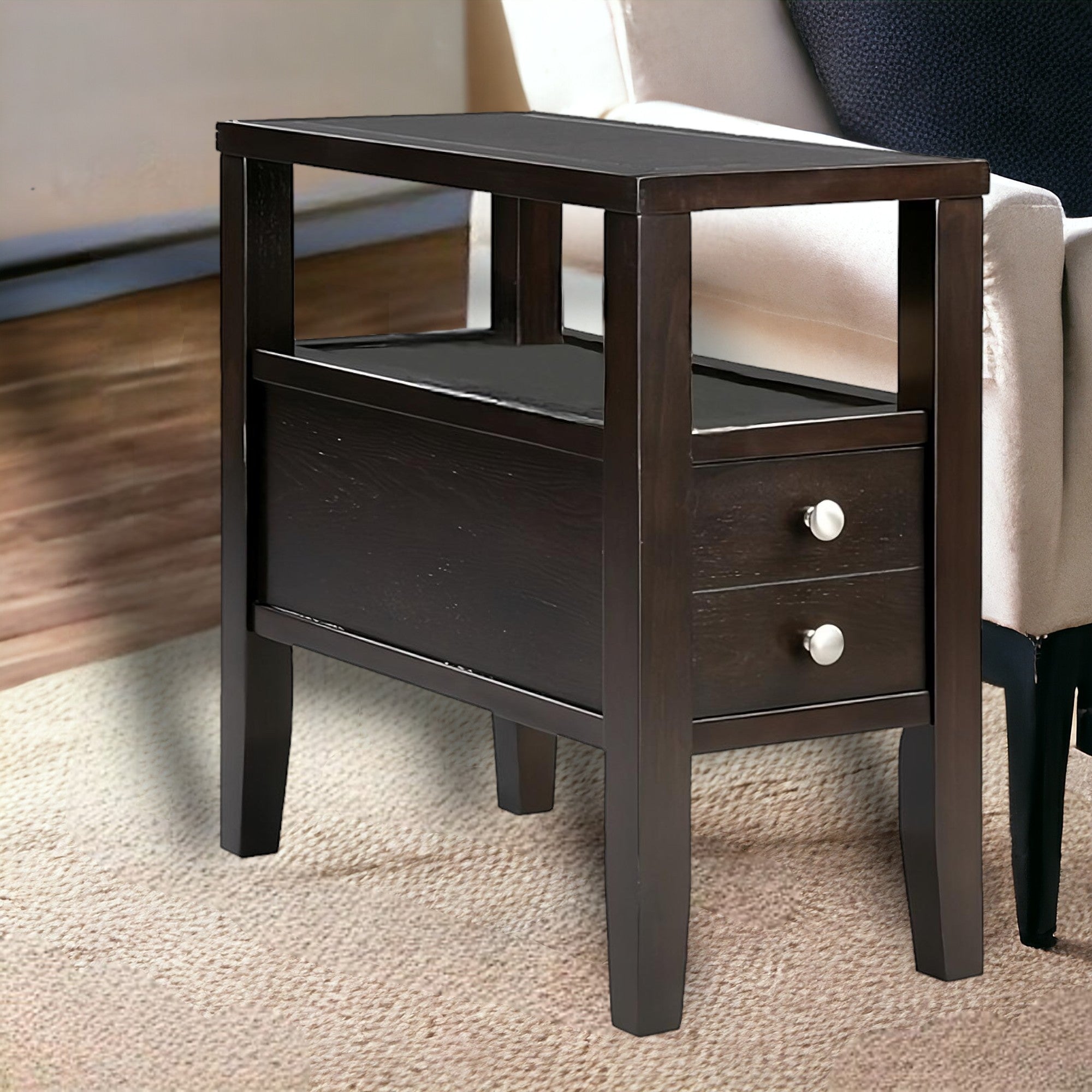 24" Brown End Table With Two Drawers-End-Side Tables-DECOROLALA