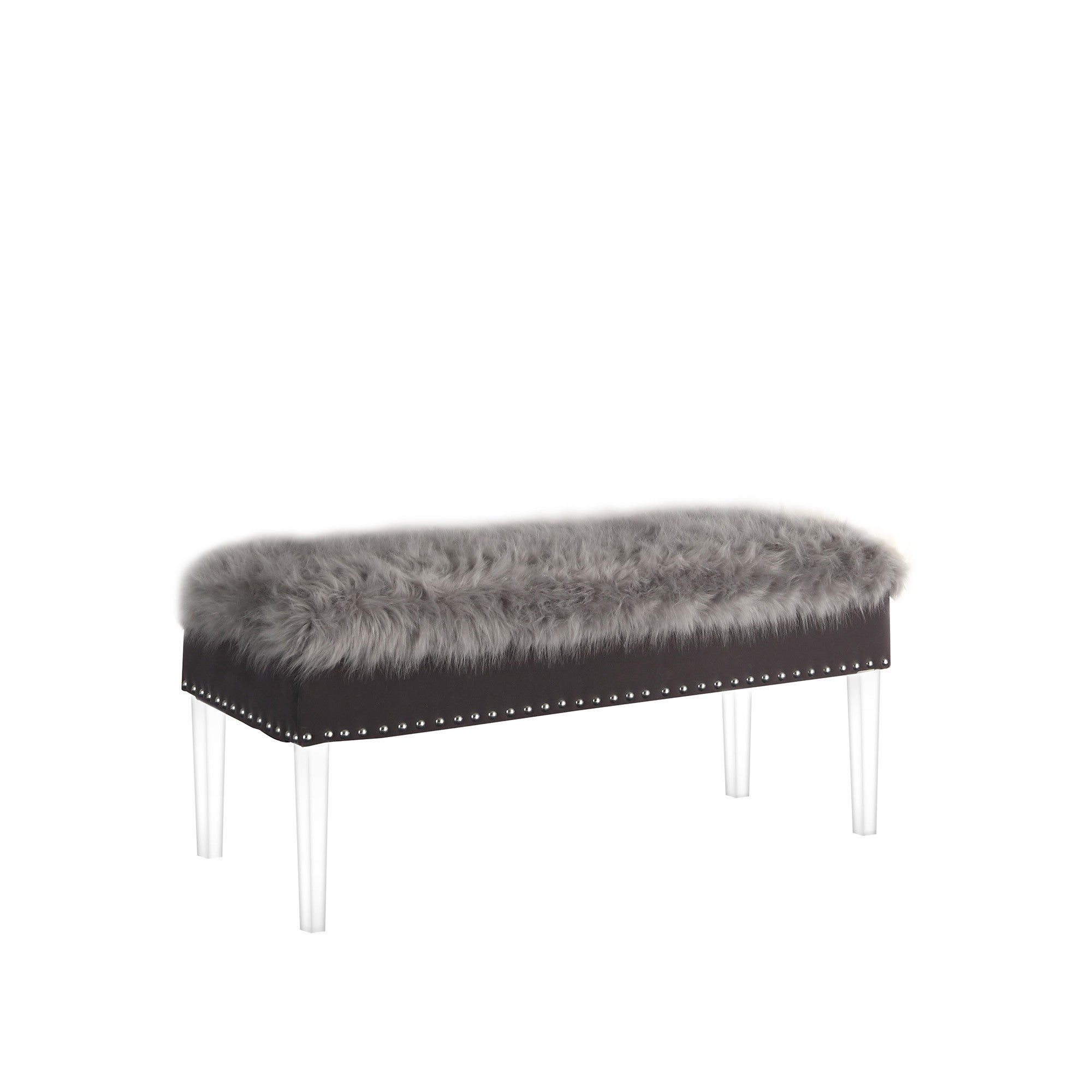 42" Gray and Clear Faux Fur Upholstered Storage Bench with Flip Top-Benches-DECOROLALA