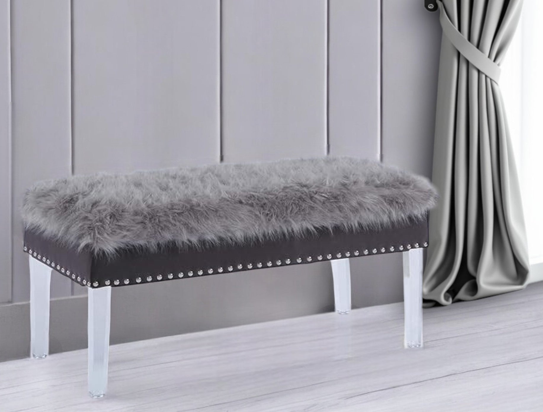 42" Gray and Clear Faux Fur Upholstered Storage Bench with Flip Top-Benches-DECOROLALA