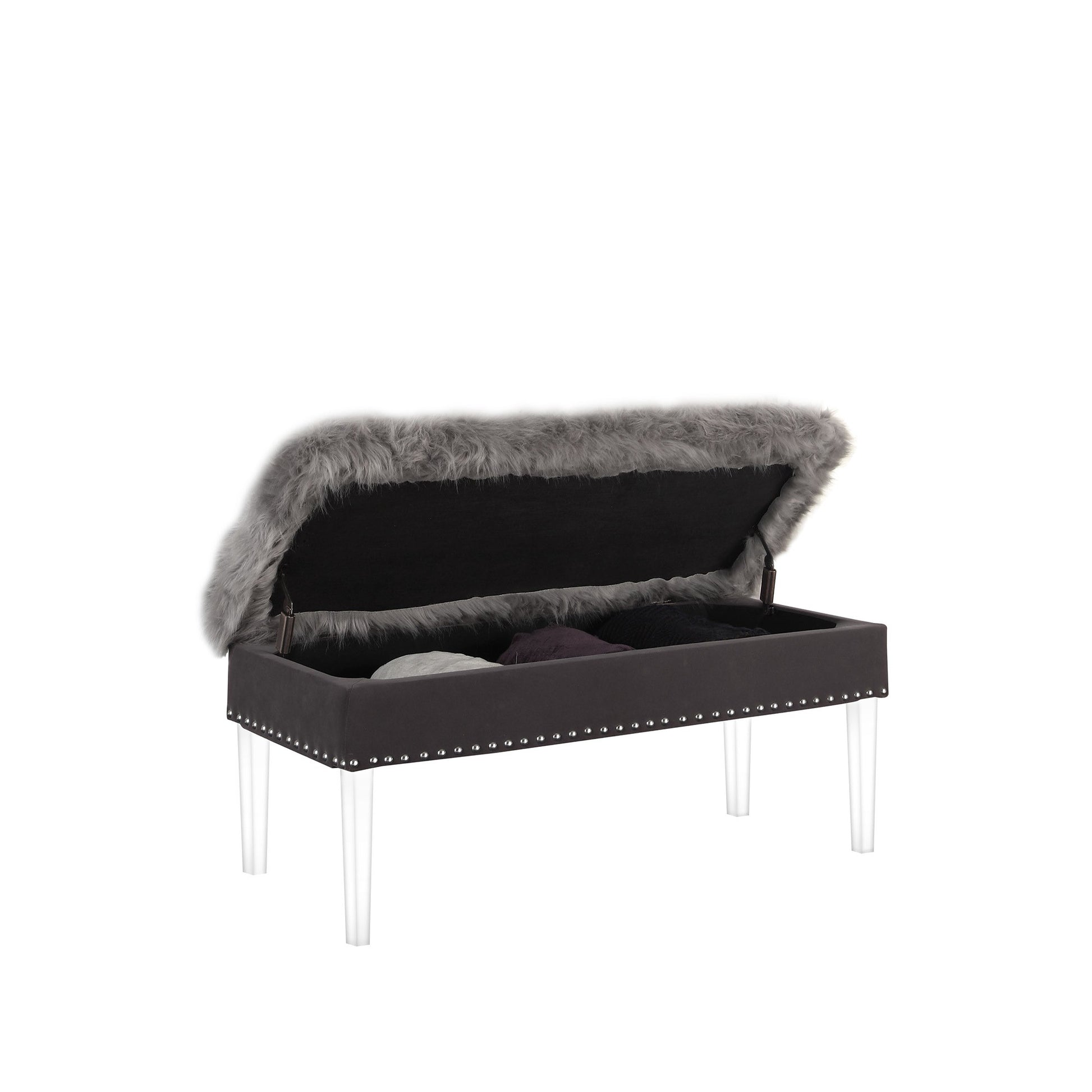 42" Gray and Clear Faux Fur Upholstered Storage Bench with Flip Top-Benches-DECOROLALA