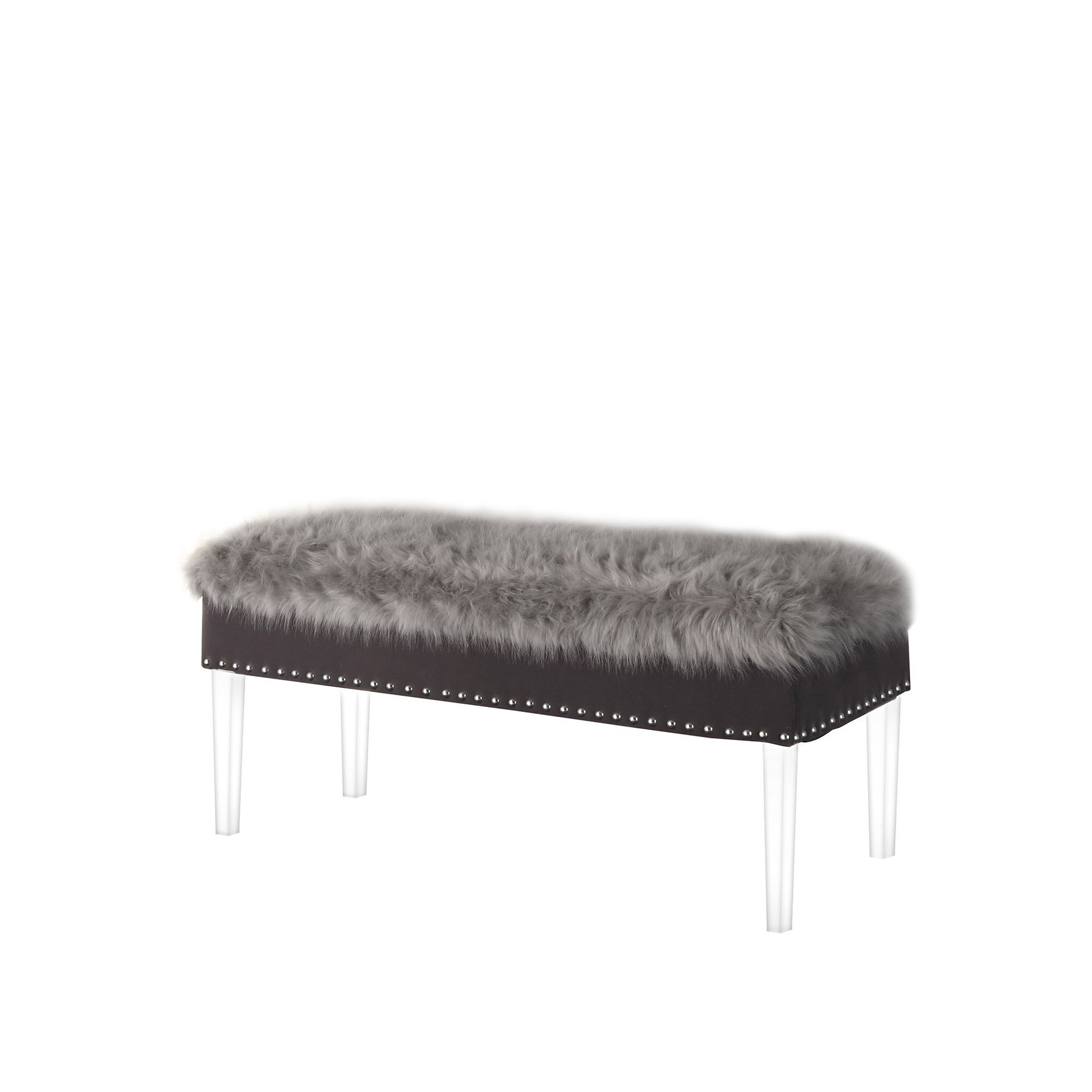 42" Gray and Clear Faux Fur Upholstered Storage Bench with Flip Top-Benches-DECOROLALA