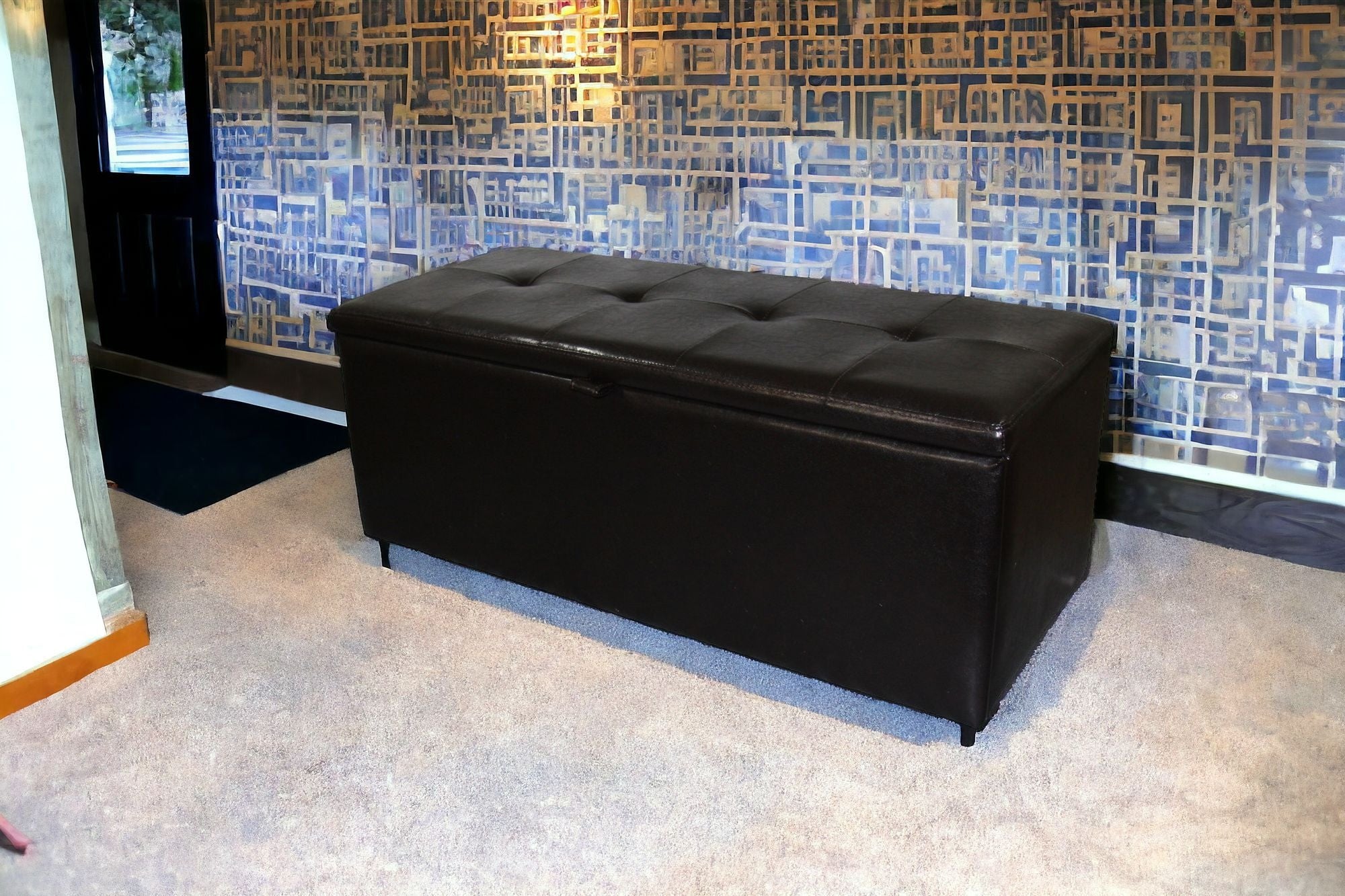17" Brown Upholstered Faux Leather Bench with Flip top-Benches-DECOROLALA