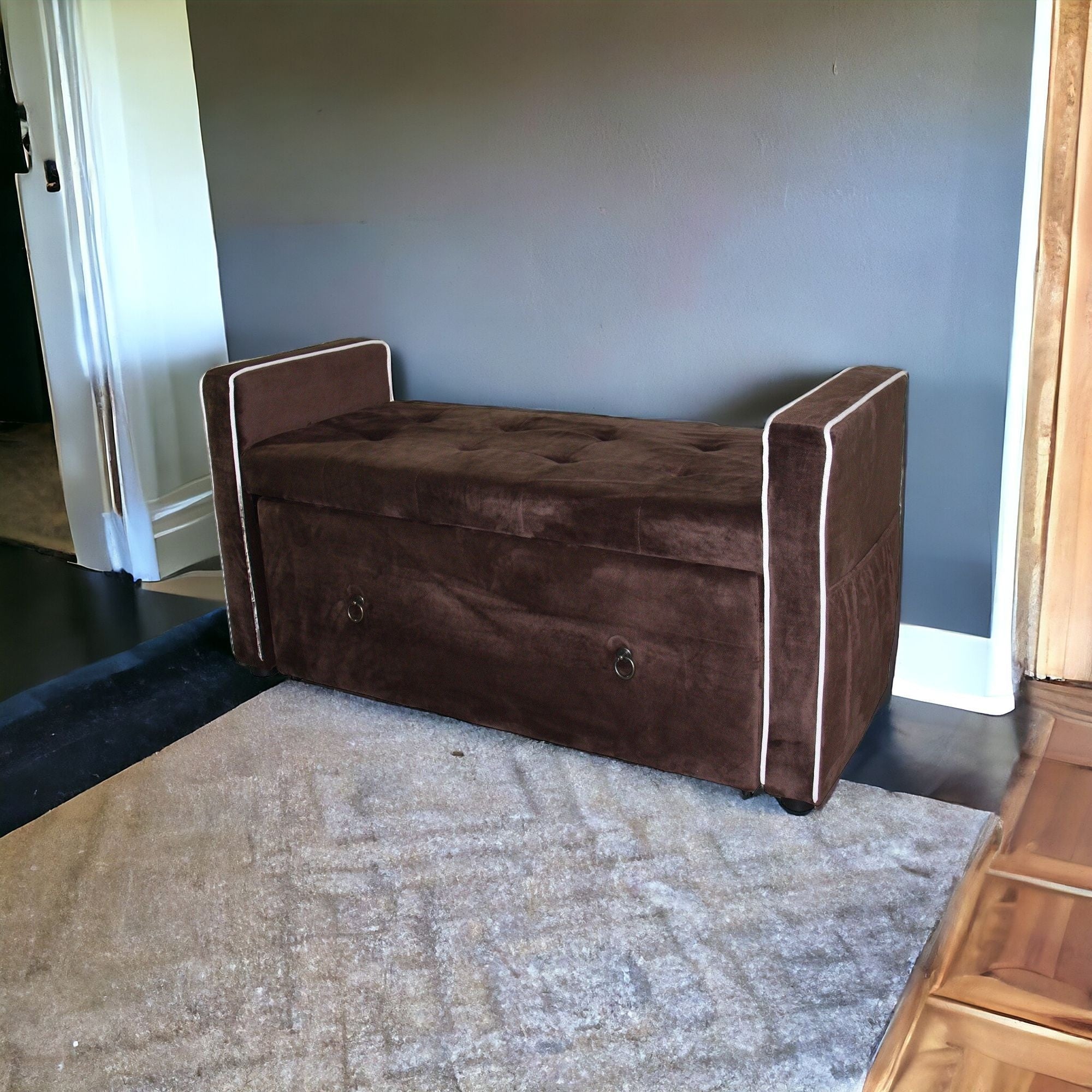 Brown Suede Shoe Storage Bench with Drawer-Benches-DECOROLALA