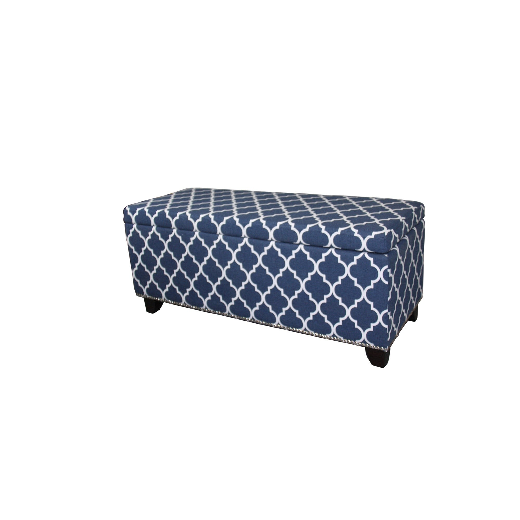 42" Blue and White and Dark Brown Upholstered Polyester Quatrefoil Bench with Flip top-Benches-DECOROLALA