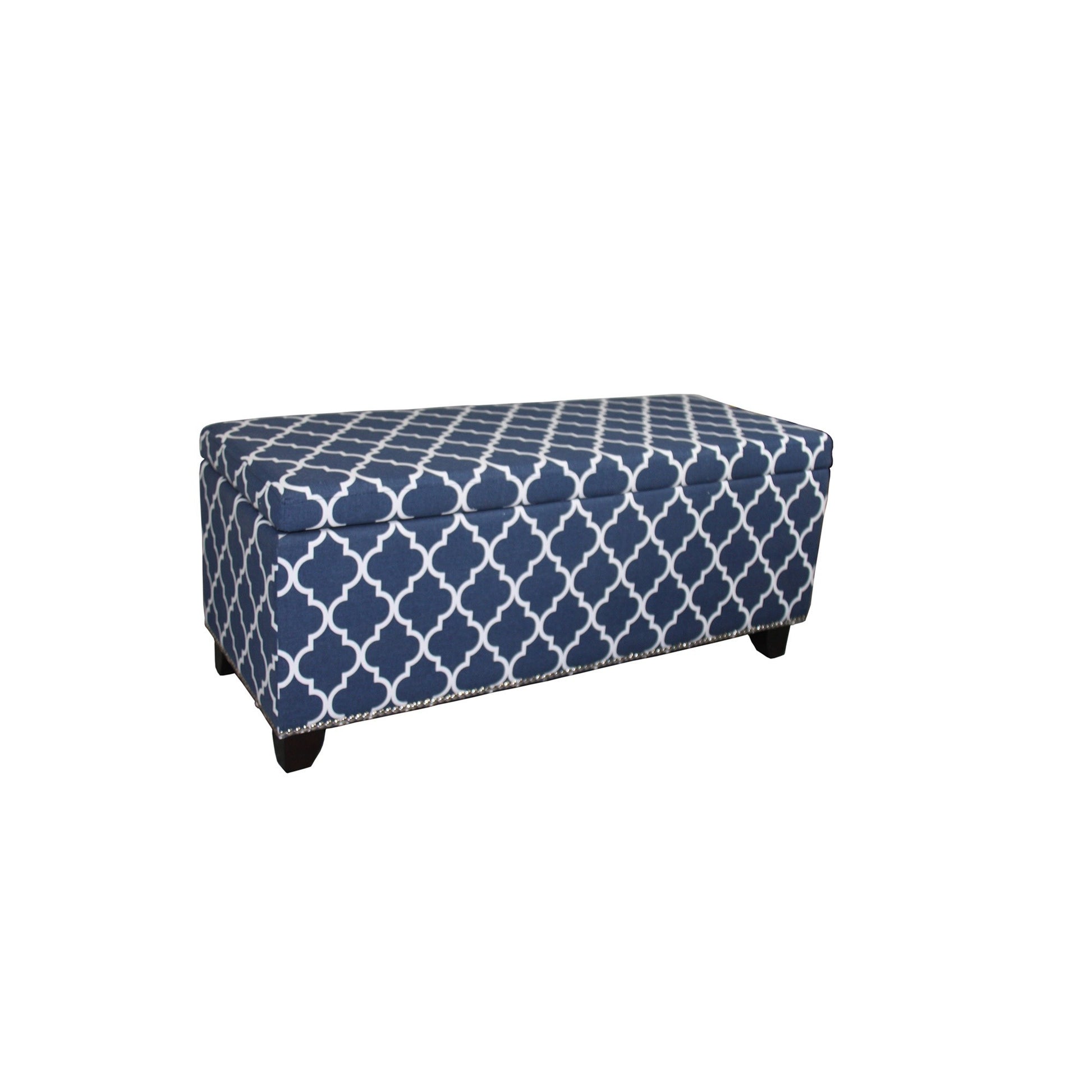 42" Blue and White and Dark Brown Upholstered Polyester Quatrefoil Bench with Flip top-Benches-DECOROLALA