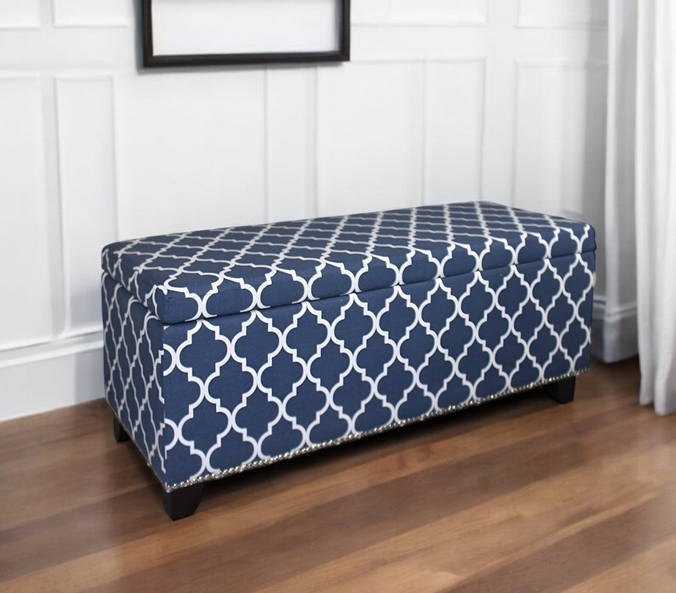 42" Blue and White and Dark Brown Upholstered Polyester Quatrefoil Bench with Flip top-Benches-DECOROLALA