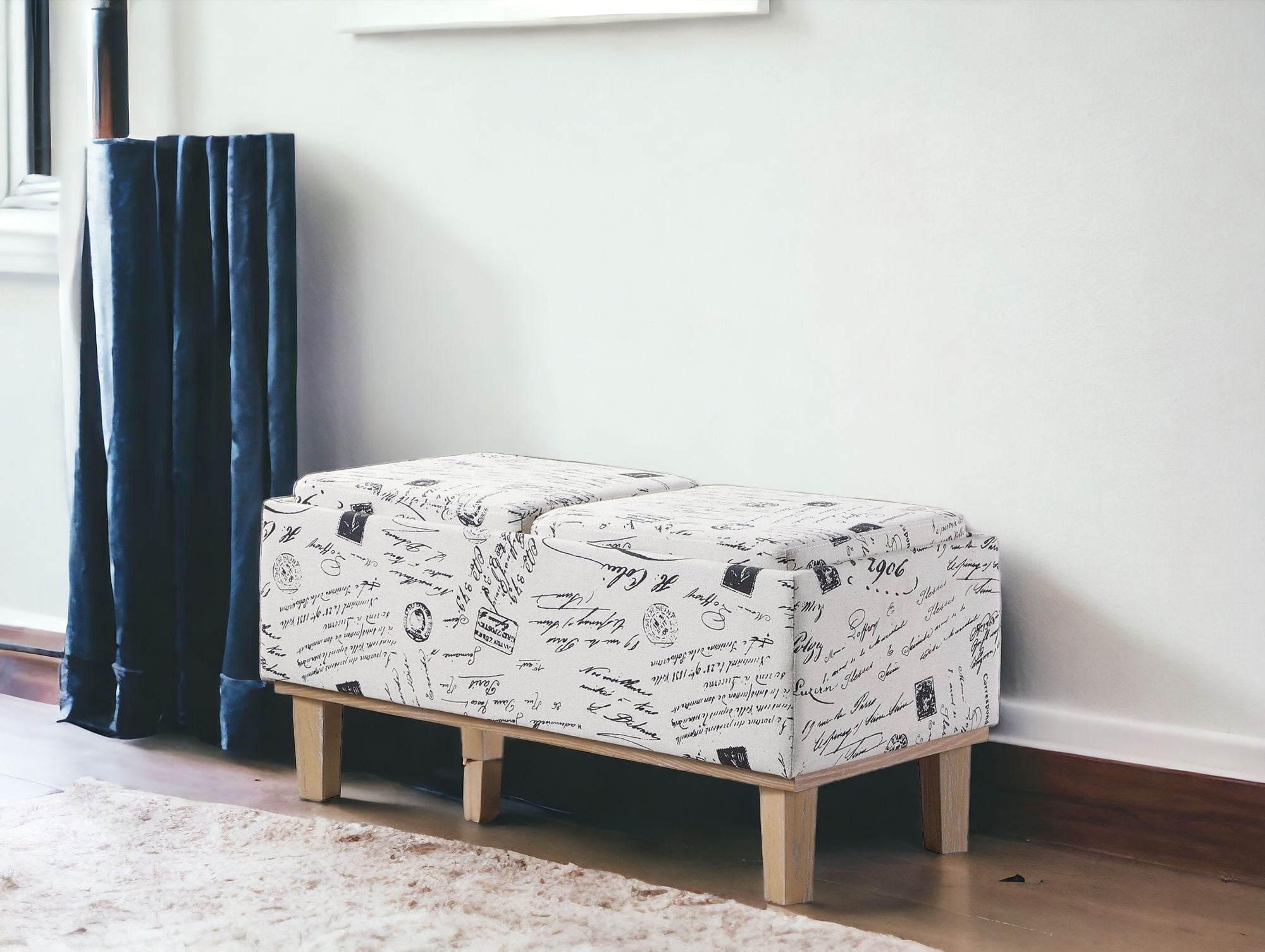 17" Black and White and Natural Upholstered Polyester Bench with Flip top-Benches-DECOROLALA