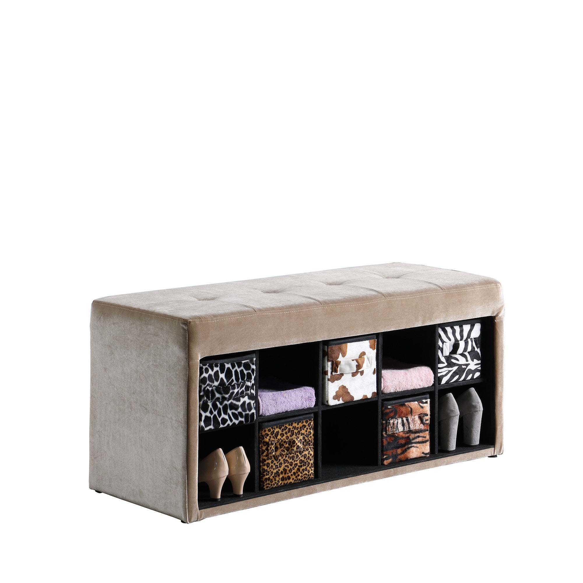 16" Black And Beige Upholstered 100% Polyester Entryway Bench With Shelves-Benches-DECOROLALA