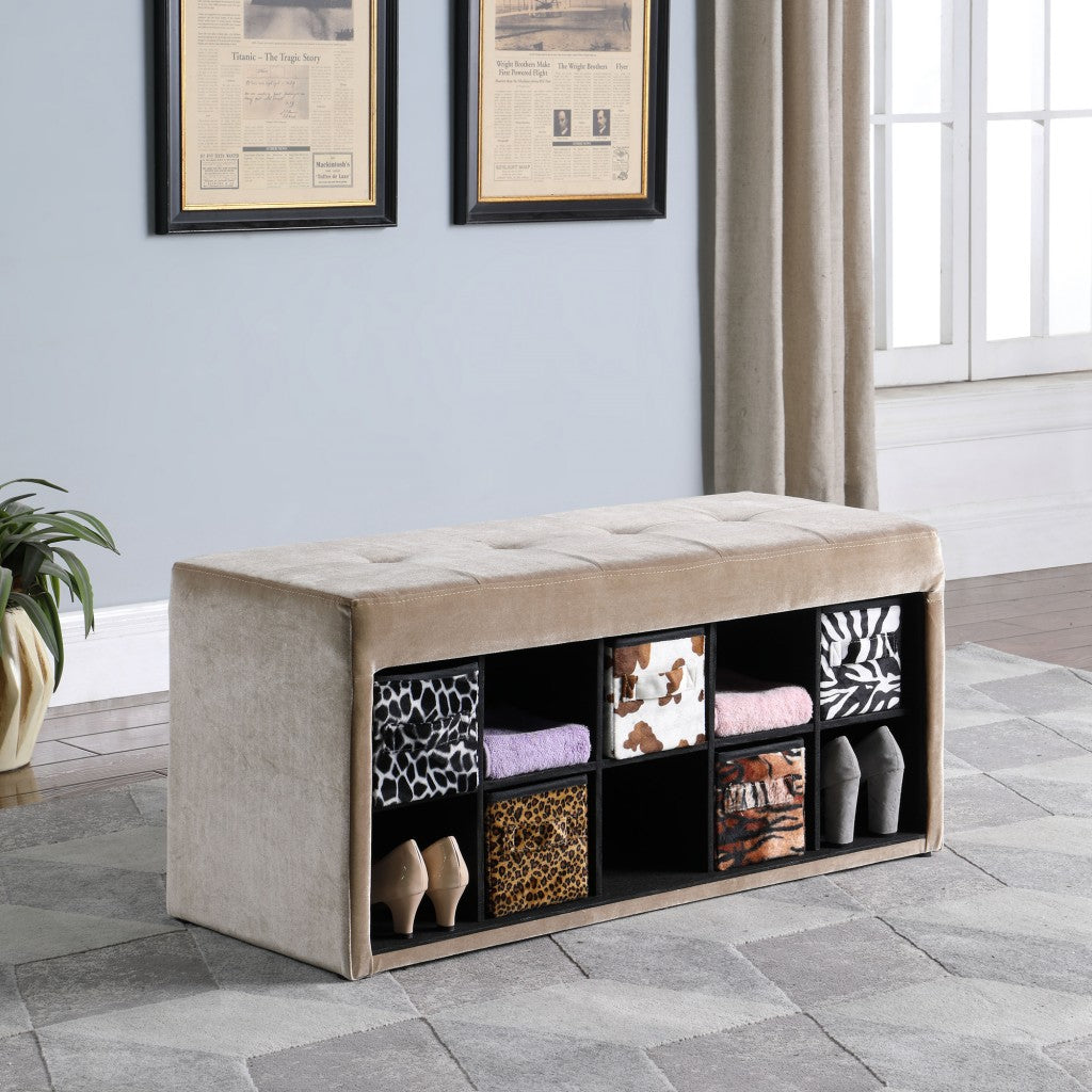 16" Black And Beige Upholstered 100% Polyester Entryway Bench With Shelves-Benches-DECOROLALA