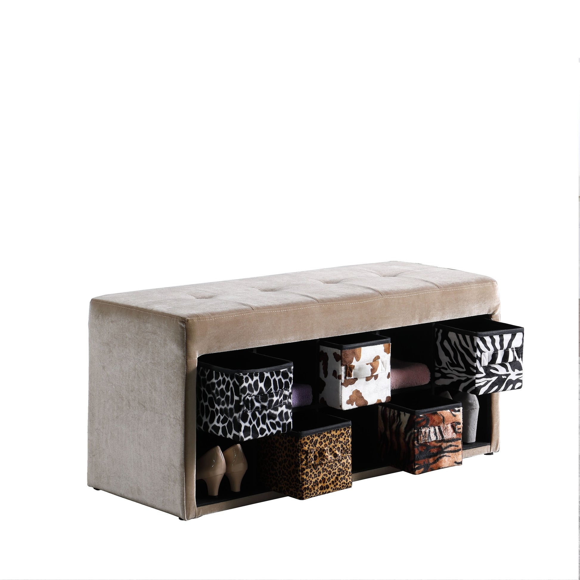 16" Black And Beige Upholstered 100% Polyester Entryway Bench With Shelves-Benches-DECOROLALA
