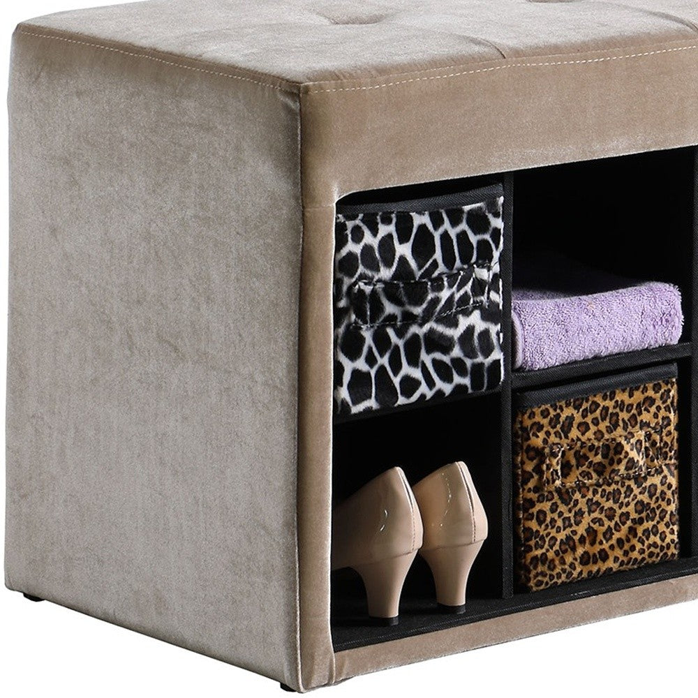 16" Black And Beige Upholstered 100% Polyester Entryway Bench With Shelves-Benches-DECOROLALA