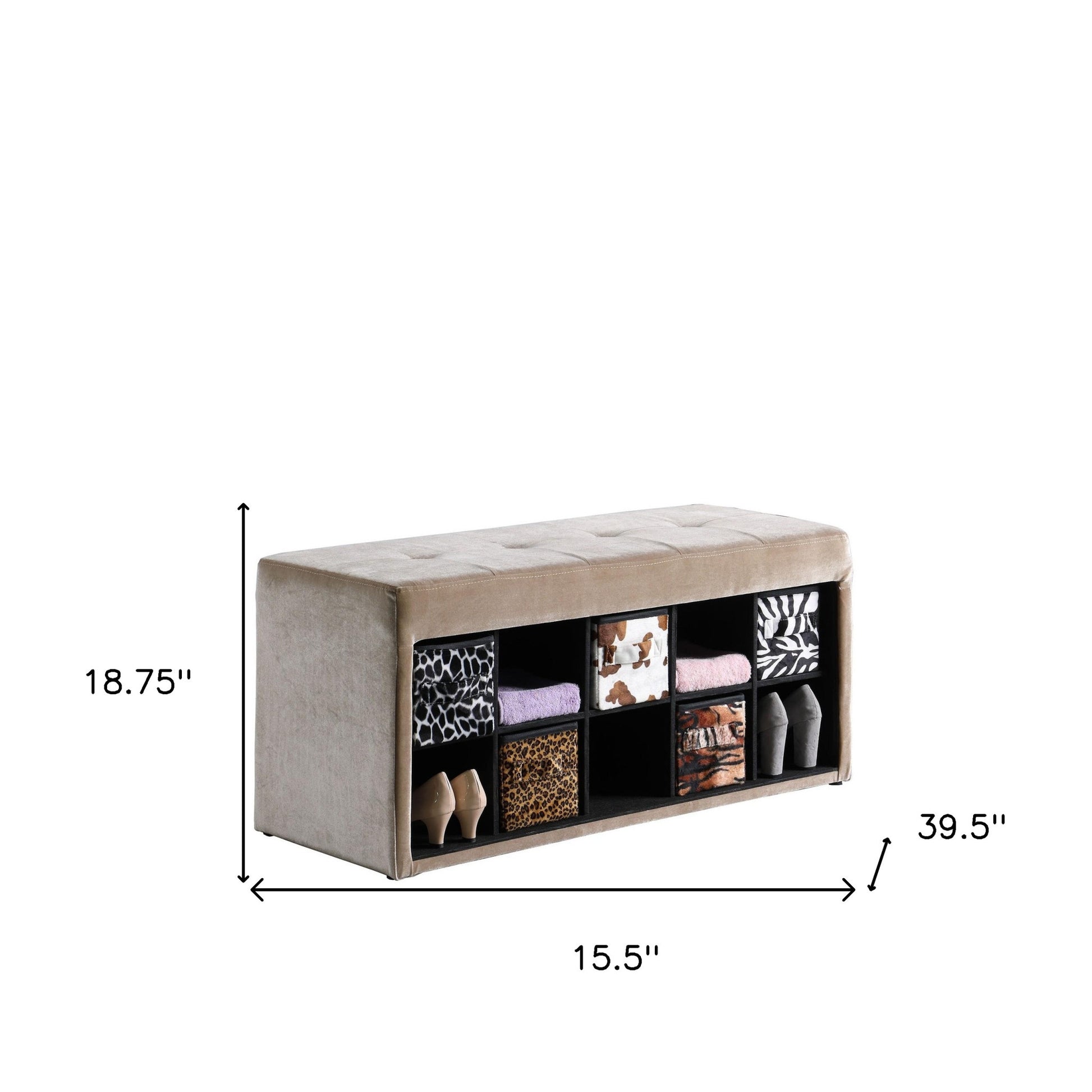 16" Black And Beige Upholstered 100% Polyester Entryway Bench With Shelves-Benches-DECOROLALA