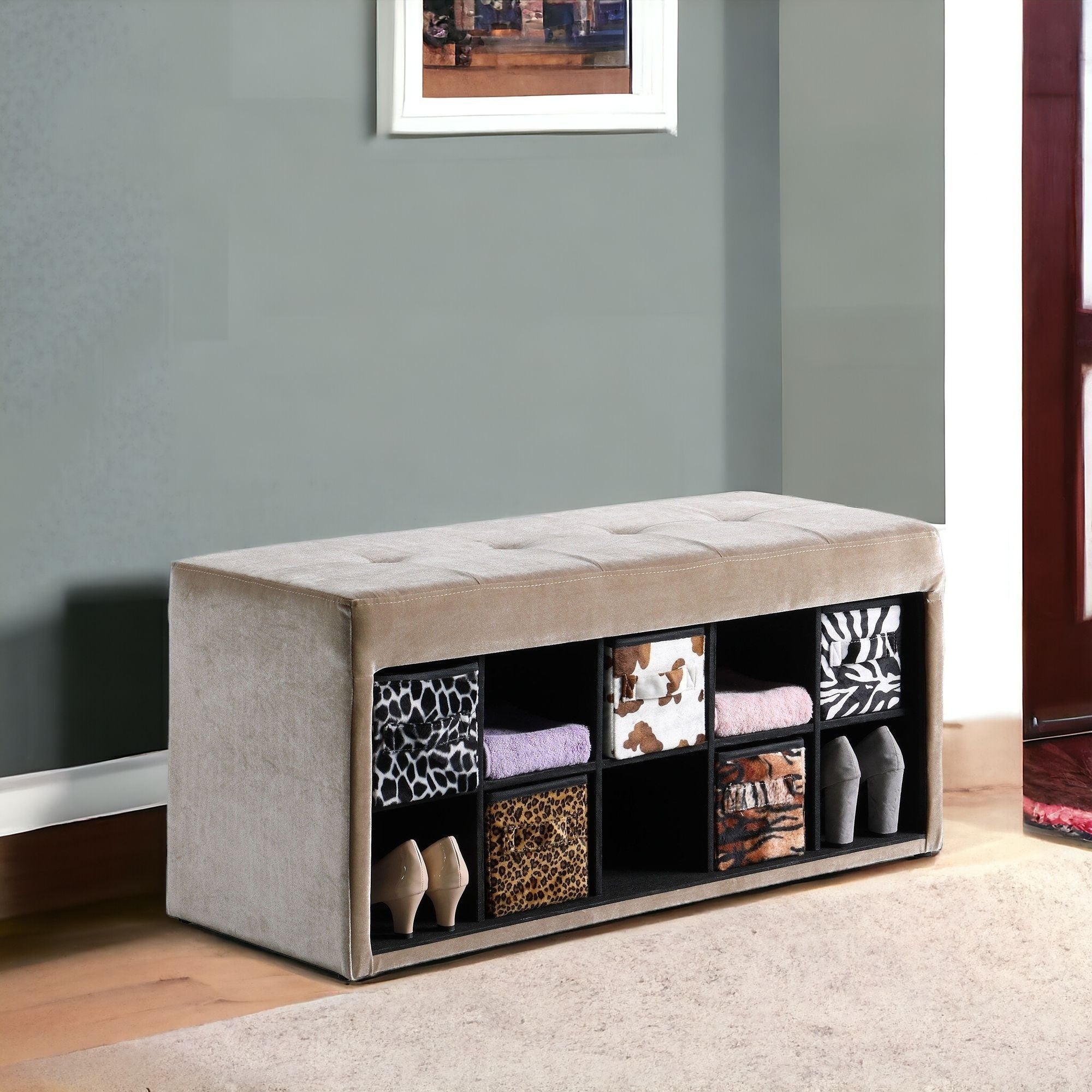 16" Black And Beige Upholstered 100% Polyester Entryway Bench With Shelves-Benches-DECOROLALA