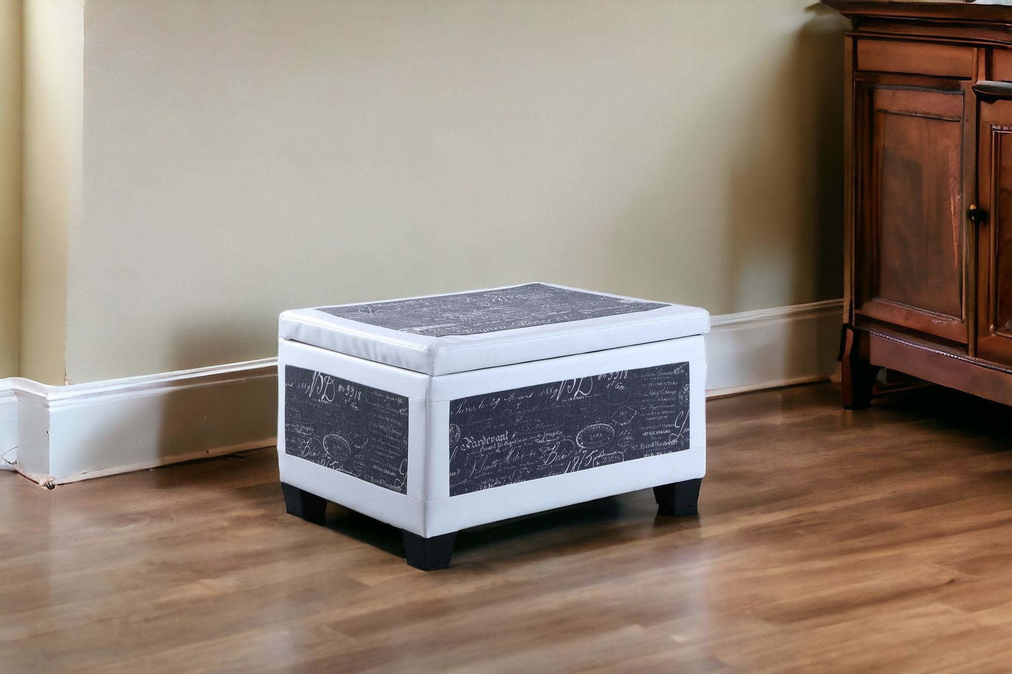 24" White and Black Upholstered Faux Leather Bench with Flip top-Benches-DECOROLALA