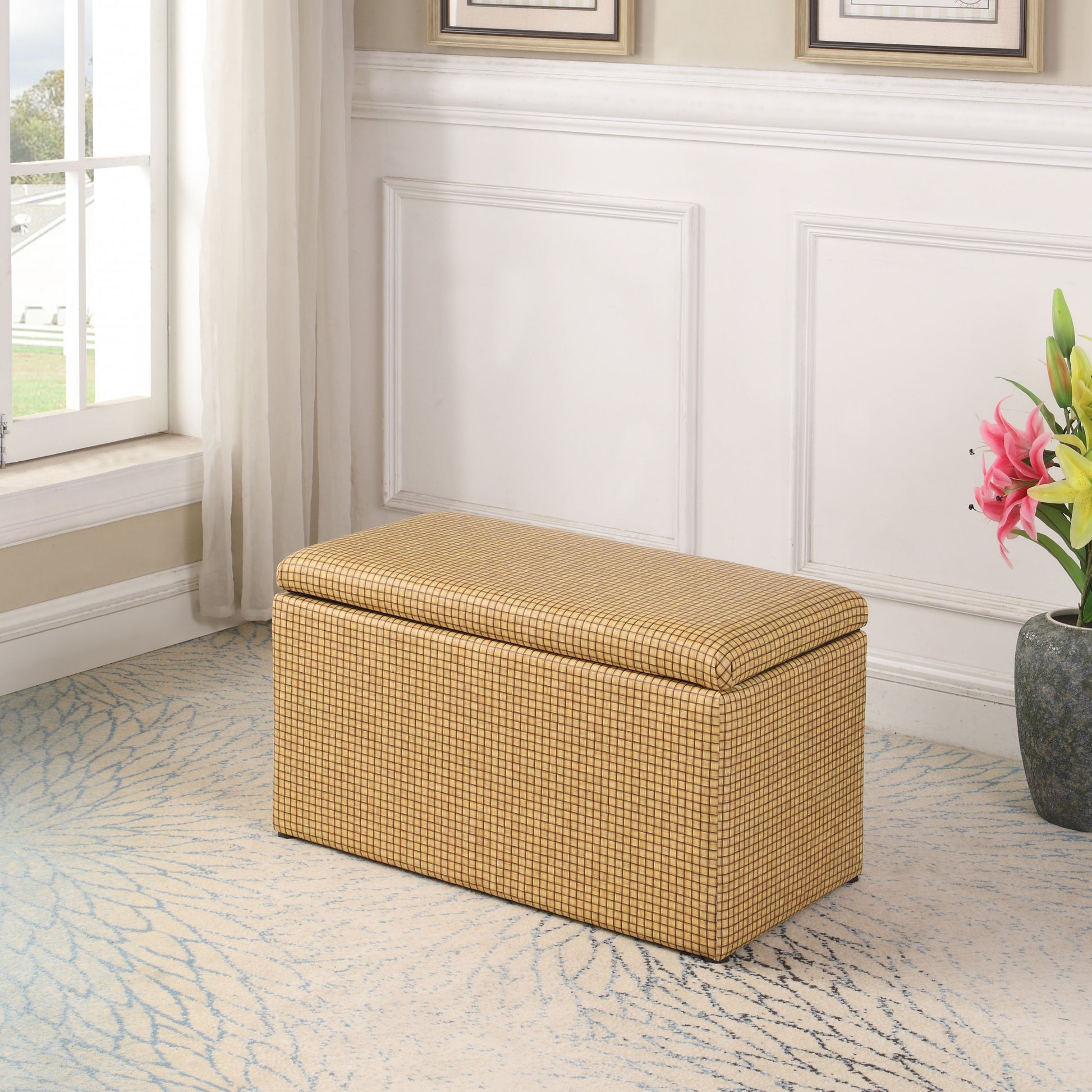 17" Yellow and Brown Upholstered Faux Leather Bench with Flip top-Benches-DECOROLALA