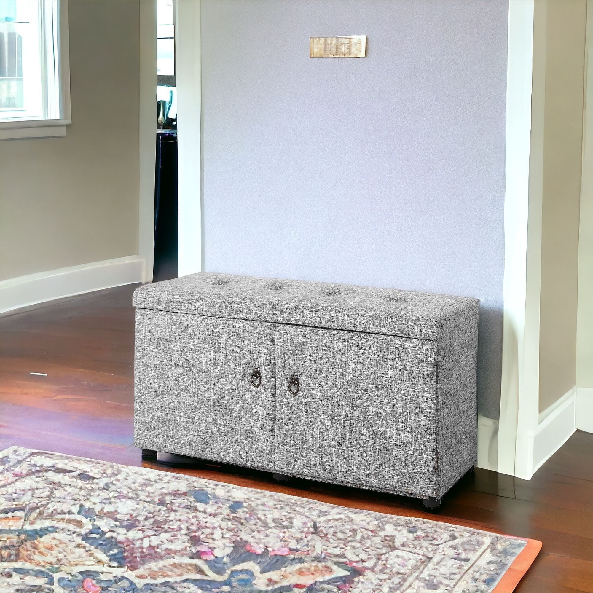 Light Gray Linen Look Double Door Shoe Storage Bench-Benches-DECOROLALA