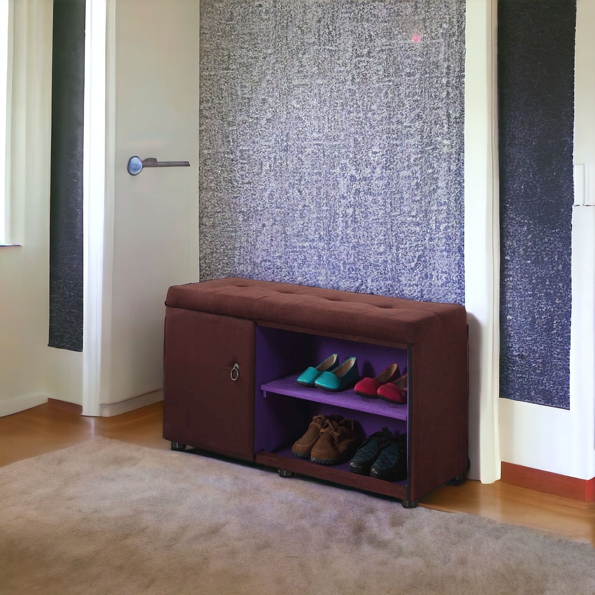 Brown and Purple Tufted Shoe Storage Bench-Benches-DECOROLALA