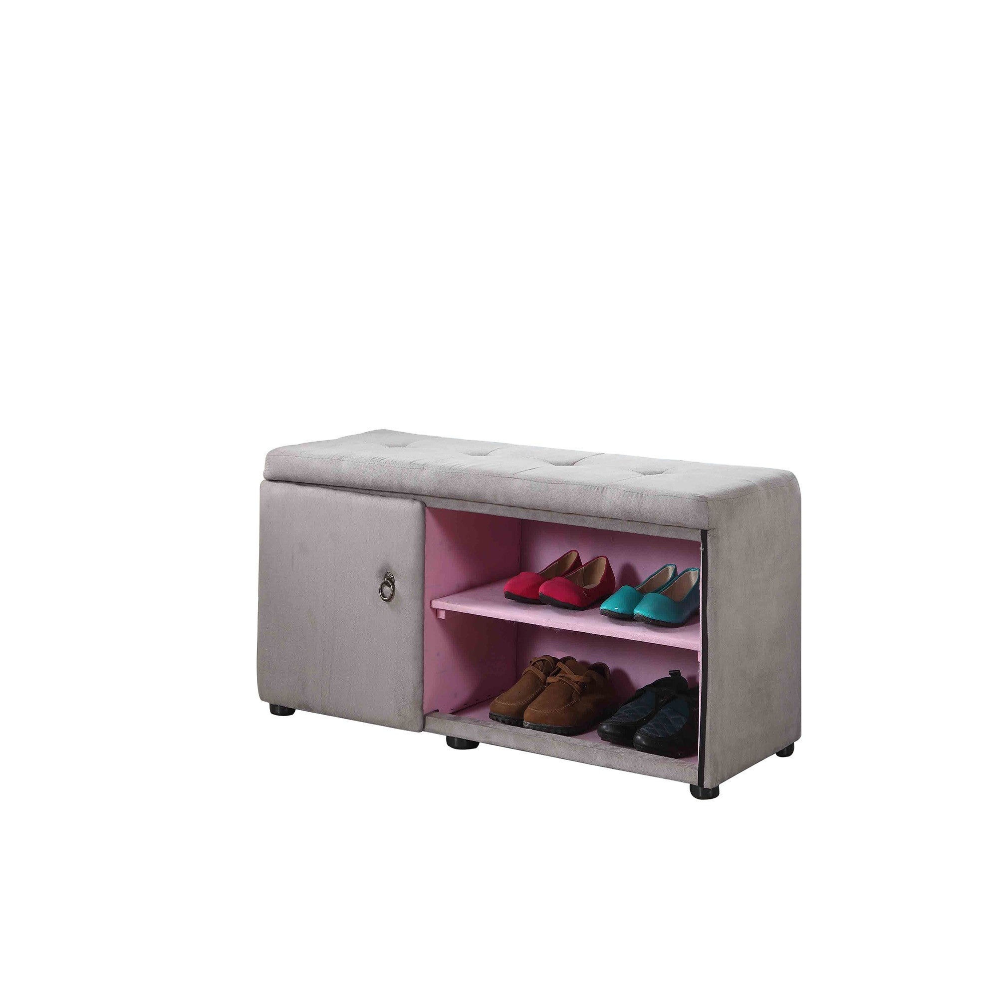 Light Gray and Pink Tufted Shoe Storage Bench-Benches-DECOROLALA