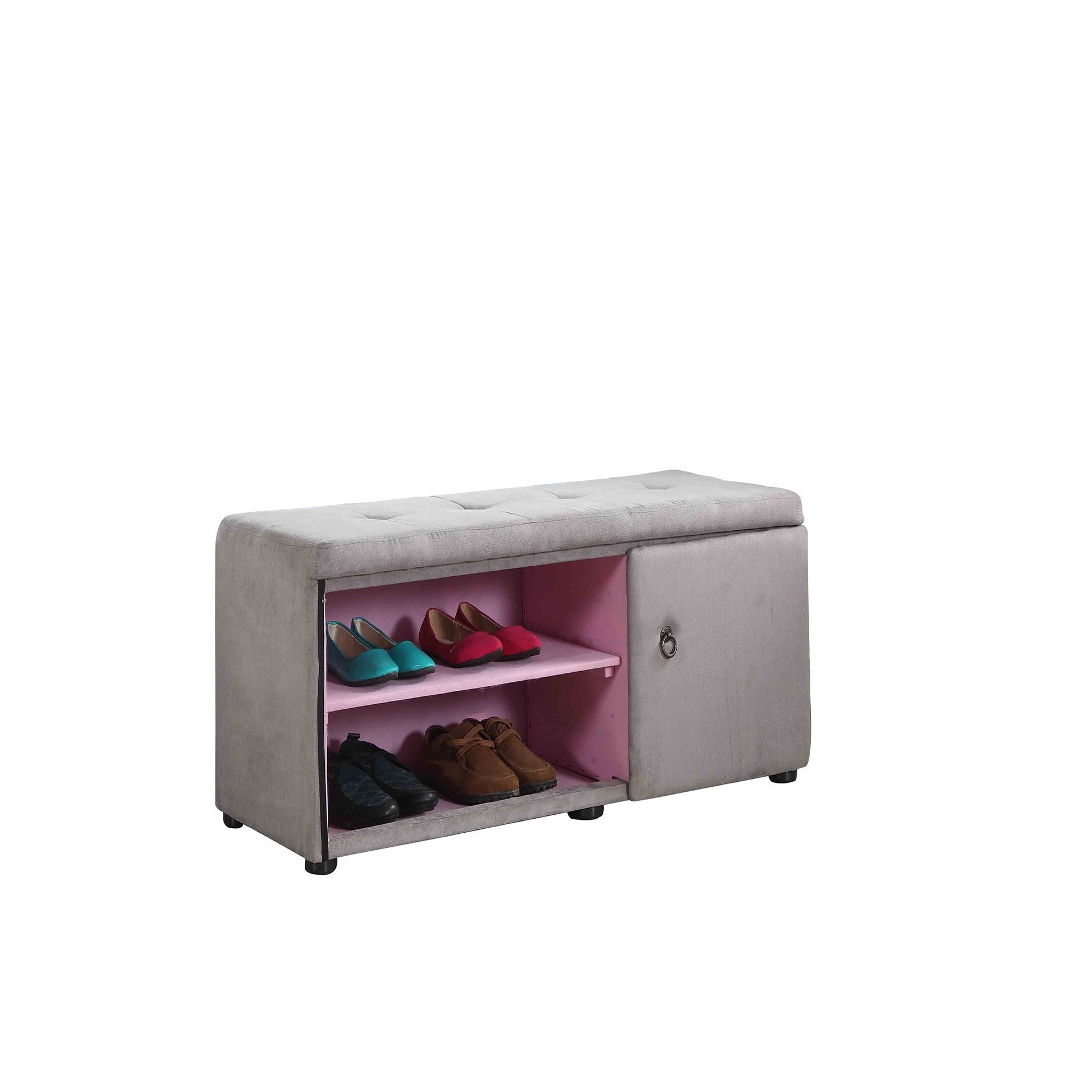 Light Gray and Pink Tufted Shoe Storage Bench-Benches-DECOROLALA