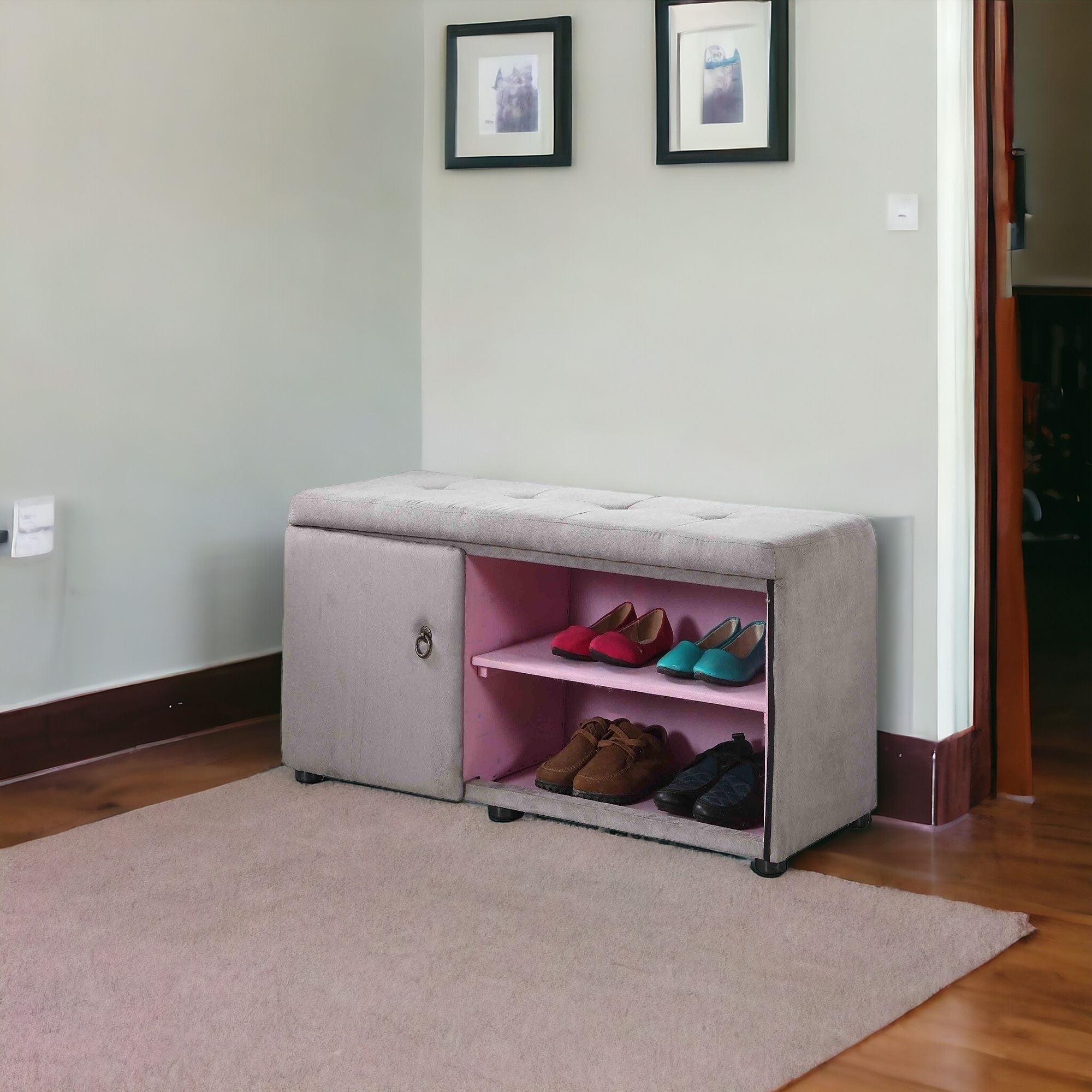 Light Gray and Pink Tufted Shoe Storage Bench-Benches-DECOROLALA