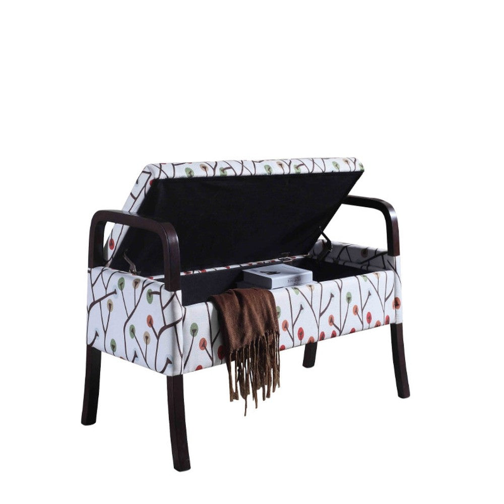 17" Dark Brown And Blue Upholstered 100% Polyester Floral Entryway Bench With Flip Top-Benches-DECOROLALA