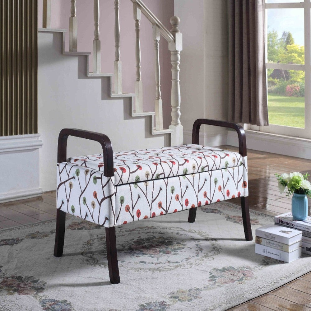 17" Dark Brown And Blue Upholstered 100% Polyester Floral Entryway Bench With Flip Top-Benches-DECOROLALA