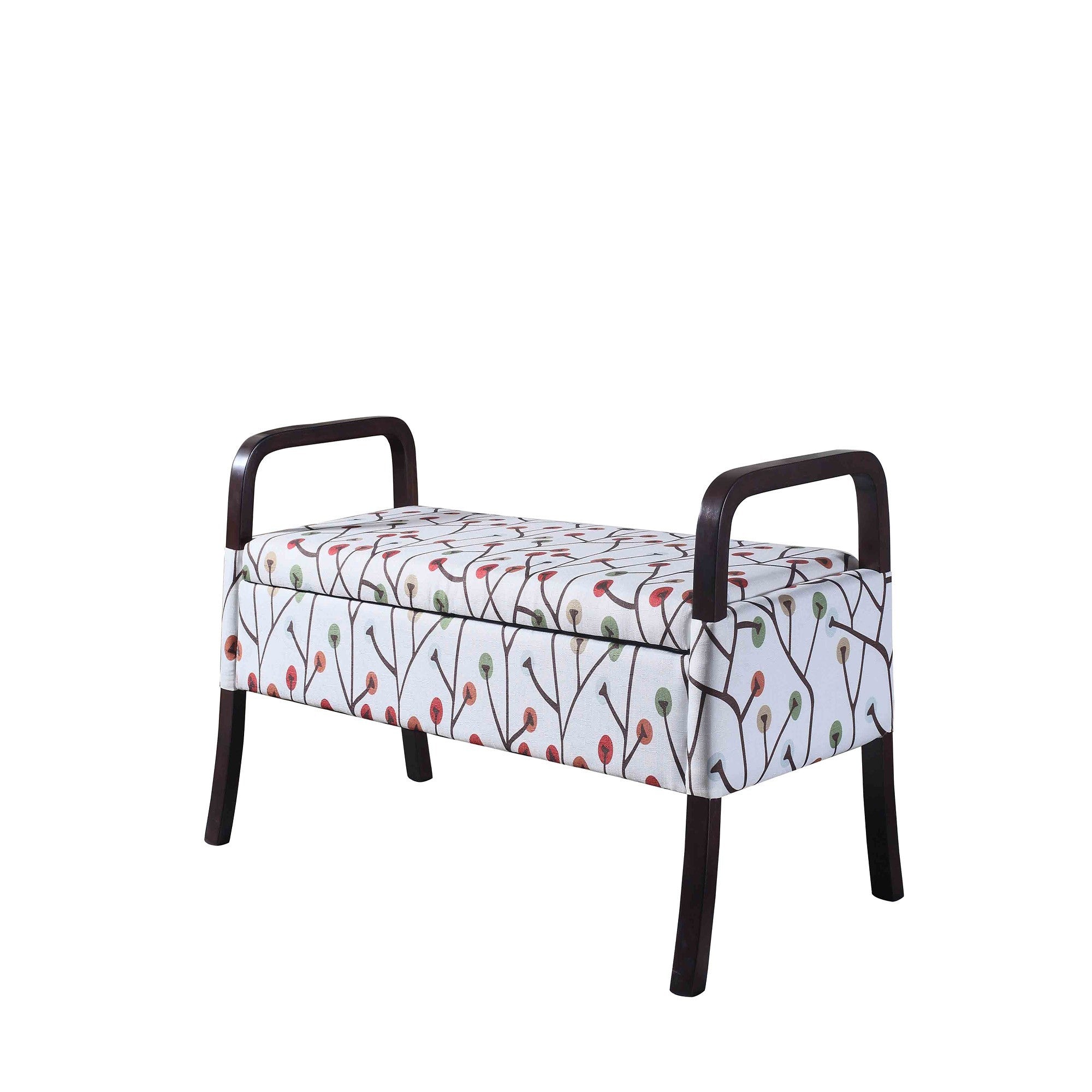 17" Dark Brown And Blue Upholstered 100% Polyester Floral Entryway Bench With Flip Top-Benches-DECOROLALA
