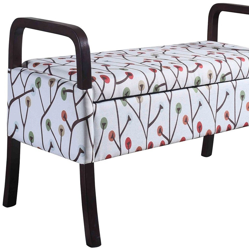17" Dark Brown And Blue Upholstered 100% Polyester Floral Entryway Bench With Flip Top-Benches-DECOROLALA