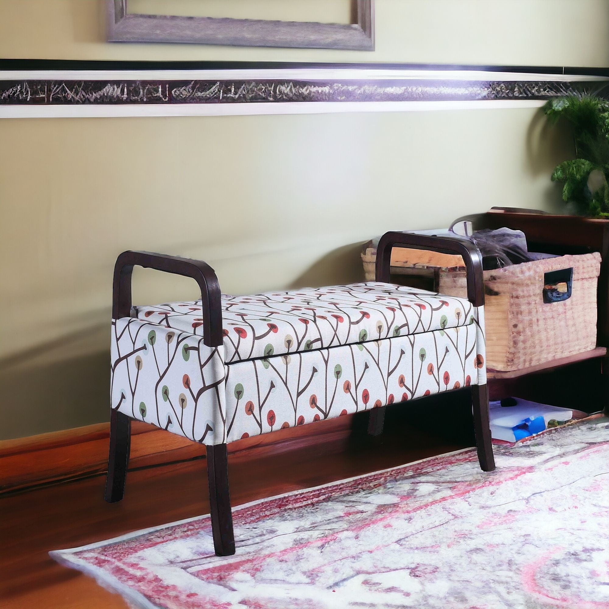 17" Dark Brown And Blue Upholstered 100% Polyester Floral Entryway Bench With Flip Top-Benches-DECOROLALA
