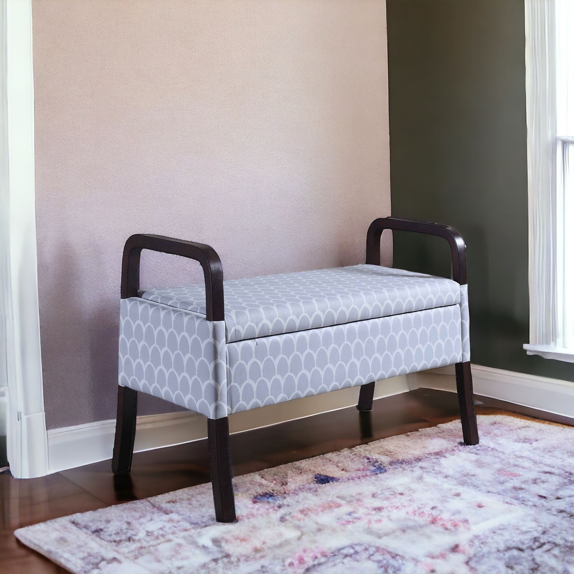 17" Black And Gray Upholstered 100% Polyester Trellis Entryway Bench With Flip Top-Benches-DECOROLALA