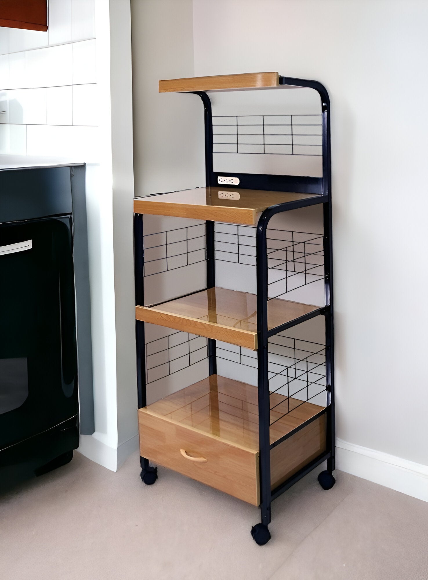 Black and Natural 26" Rolling Kitchen Cart With Storage-Kitchen Carts-Islands-DECOROLALA