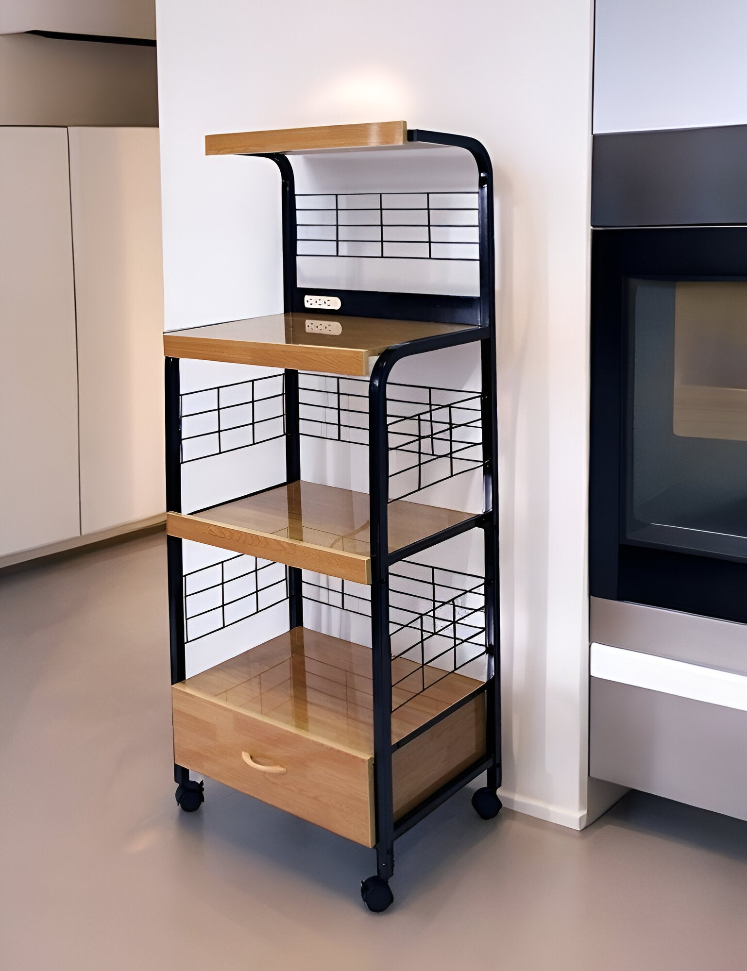 Black and Natural 26" Rolling Kitchen Cart With Storage-Kitchen Carts-Islands-DECOROLALA