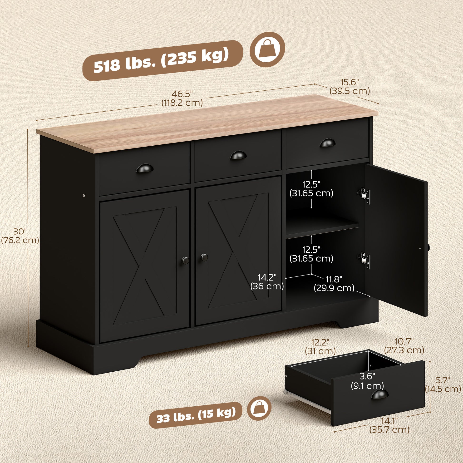 46.5" Farmhouse Buffet Cabinet - Black Sideboard with 3 Doors-DECOROLALA