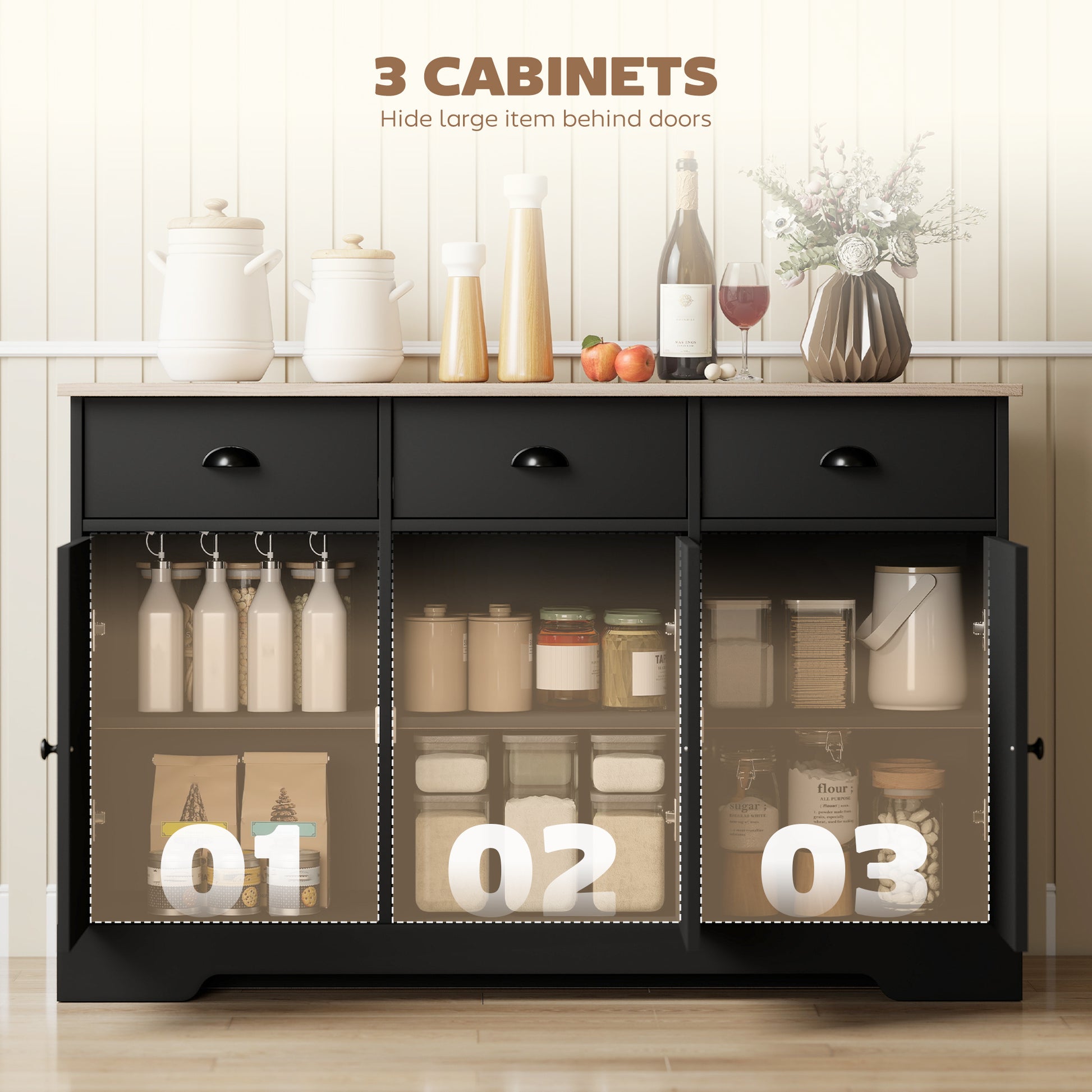 46.5" Farmhouse Buffet Cabinet - Black Sideboard with 3 Doors-DECOROLALA