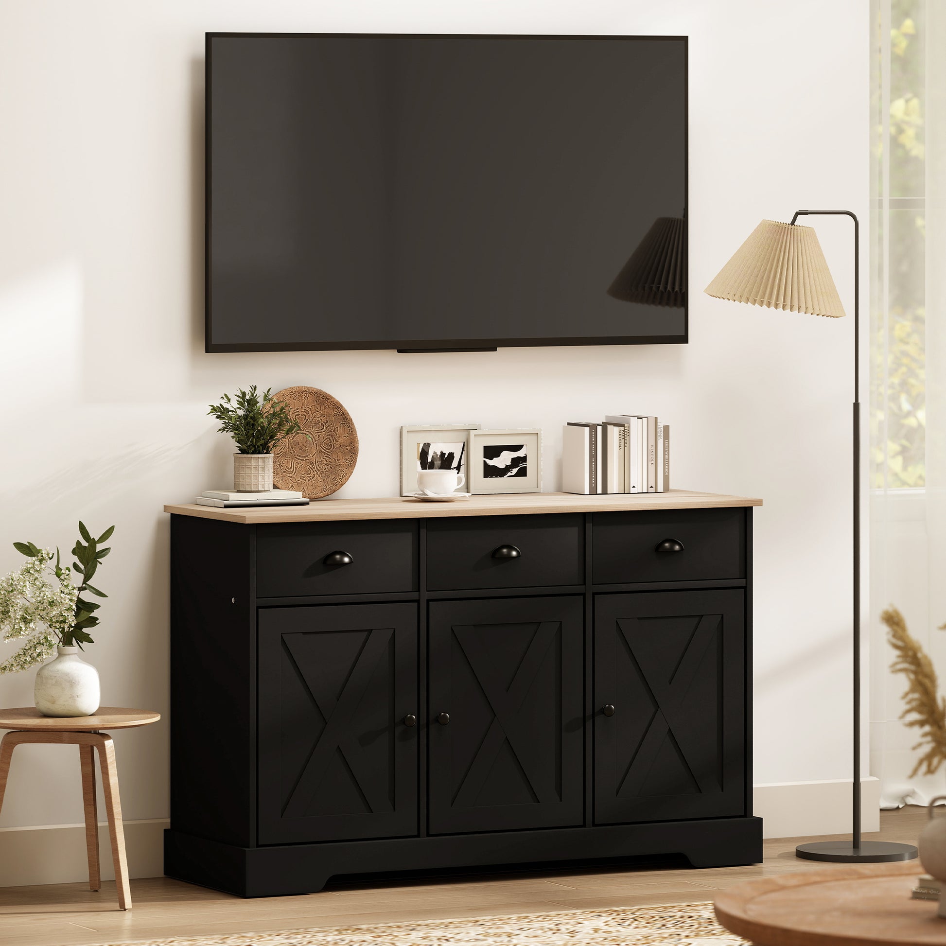 46.5" Farmhouse Buffet Cabinet - Black Sideboard with 3 Doors-DECOROLALA
