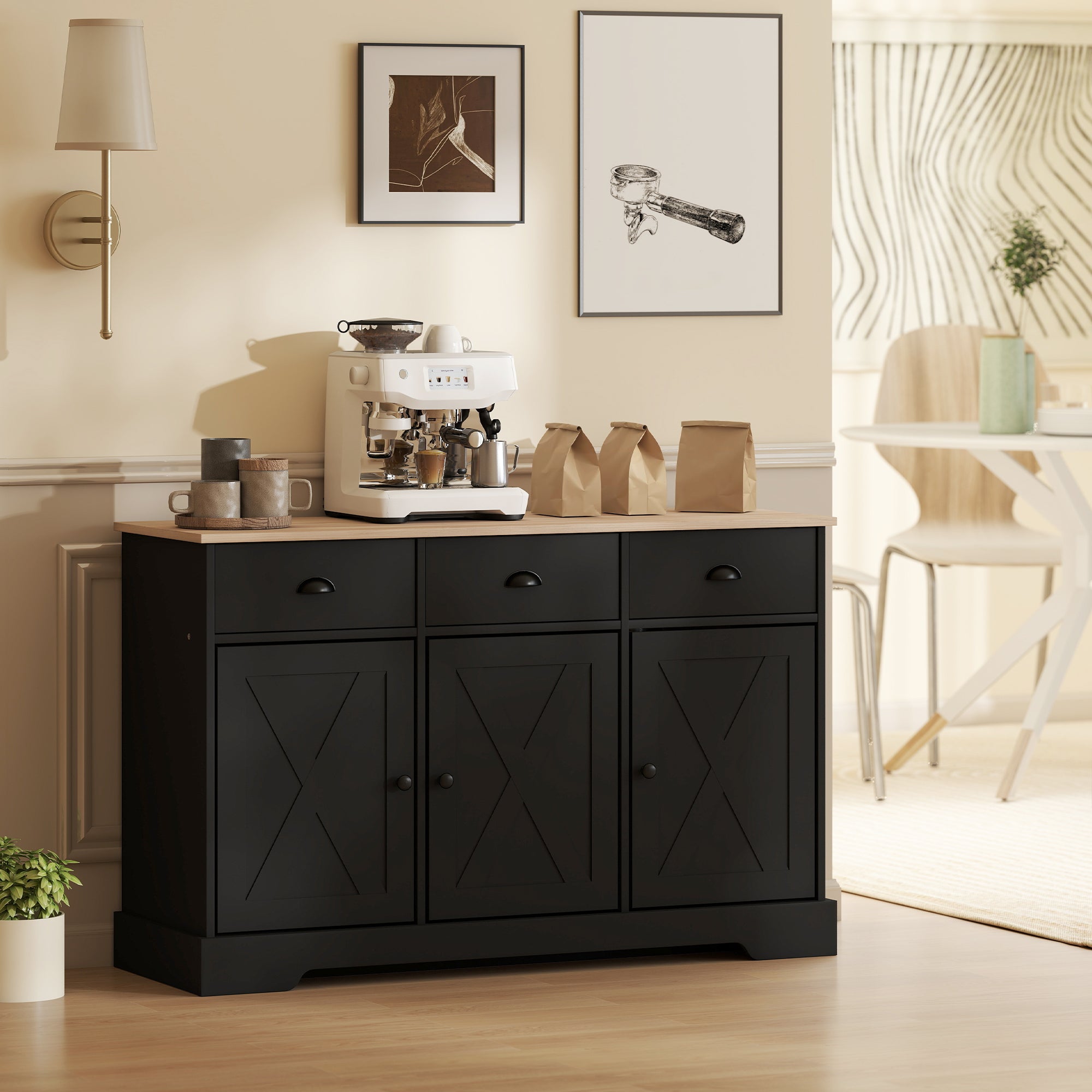 46.5" Farmhouse Buffet Cabinet - Black Sideboard with 3 Doors-DECOROLALA