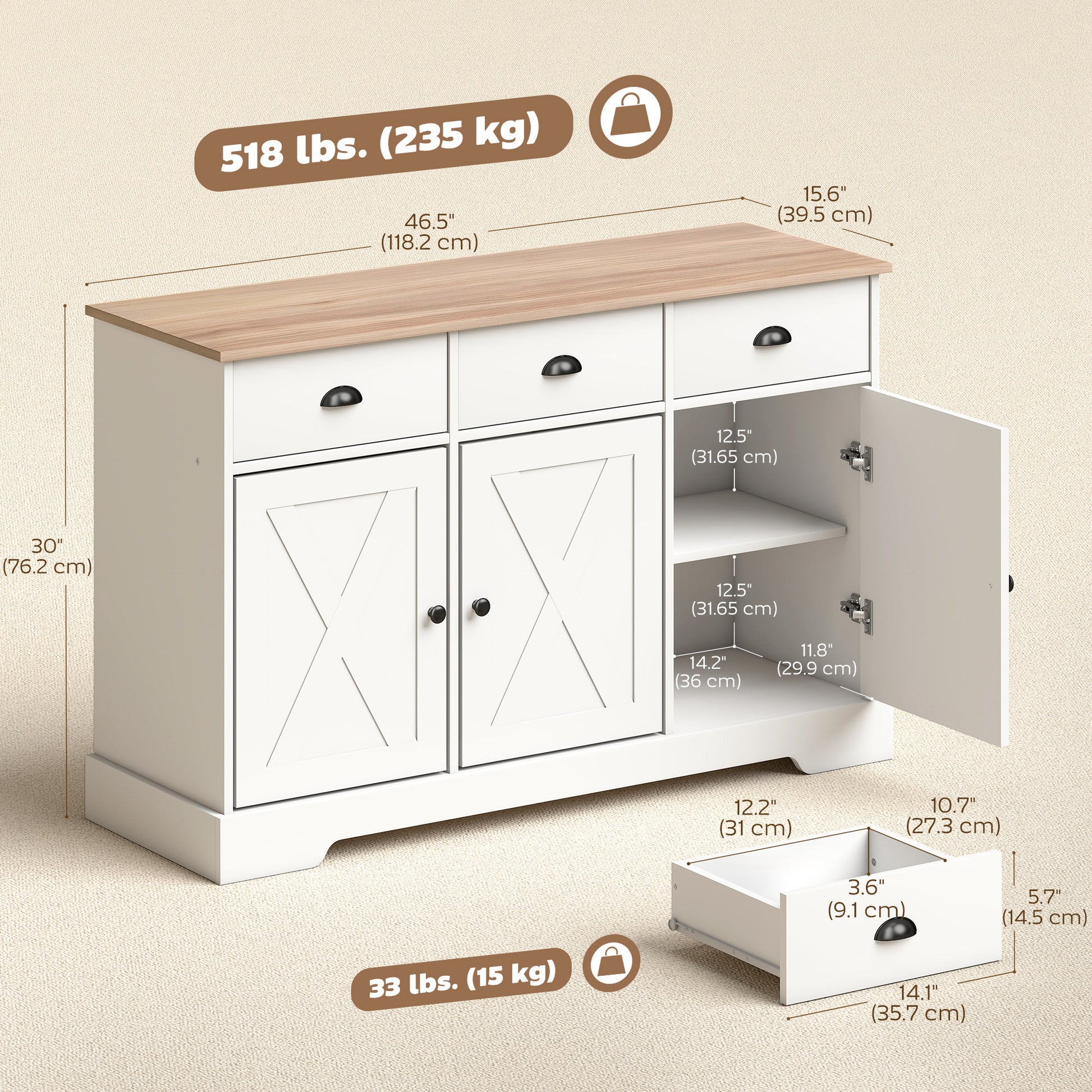 46.5" Farmhouse Buffet Cabinet - White Sideboard with 3 Doors-DECOROLALA