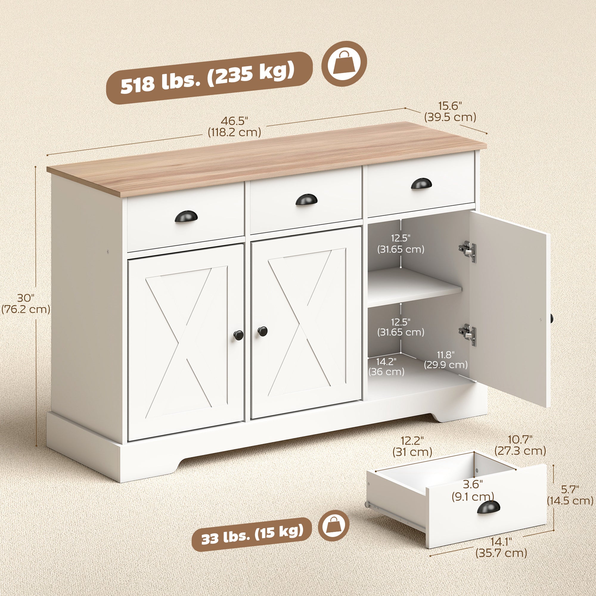 46.5" Farmhouse Buffet Cabinet - White Sideboard with 3 Doors-DECOROLALA