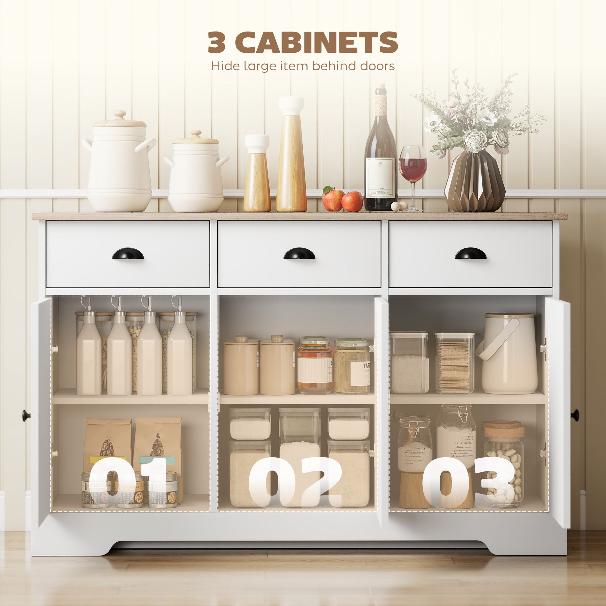 46.5" Farmhouse Buffet Cabinet - White Sideboard with 3 Doors-DECOROLALA