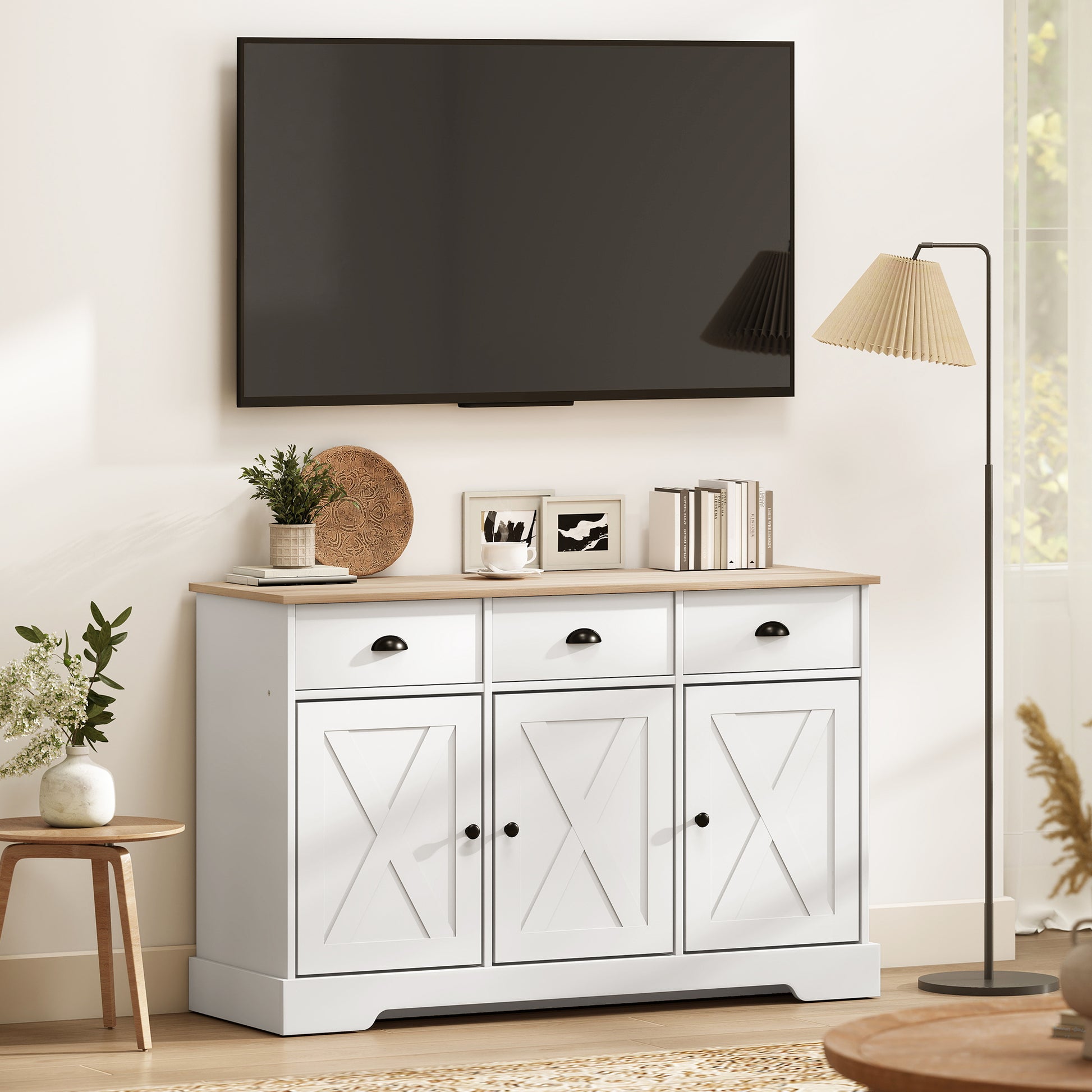 46.5" Farmhouse Buffet Cabinet - White Sideboard with 3 Doors-DECOROLALA