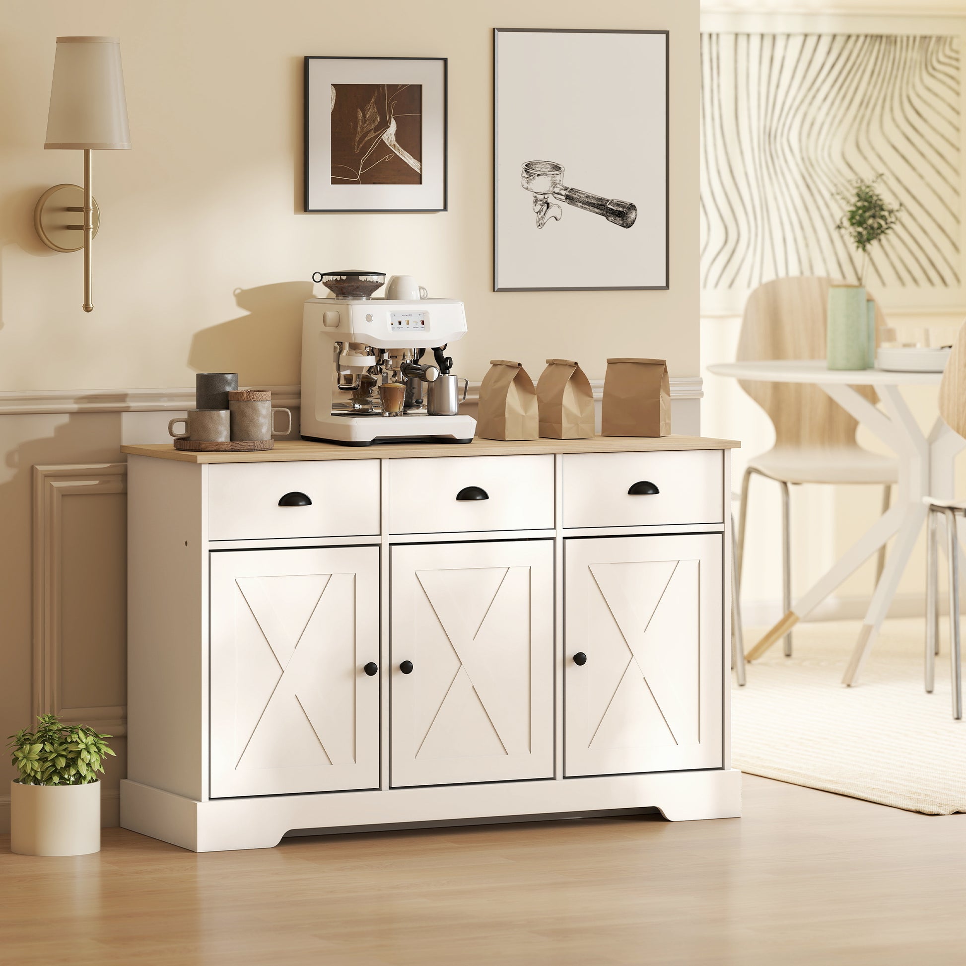 46.5" Farmhouse Buffet Cabinet - White Sideboard with 3 Doors-DECOROLALA