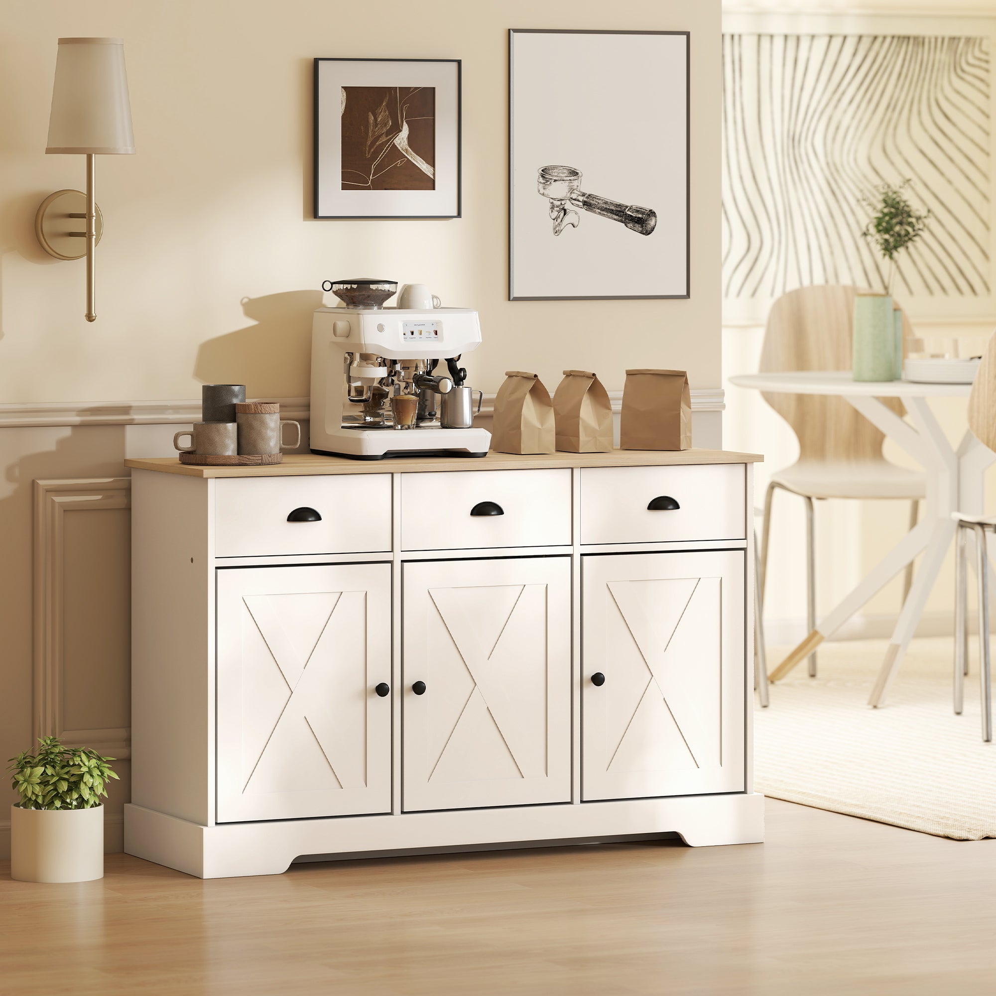 46.5" Farmhouse Buffet Cabinet - White Sideboard with 3 Doors-DECOROLALA
