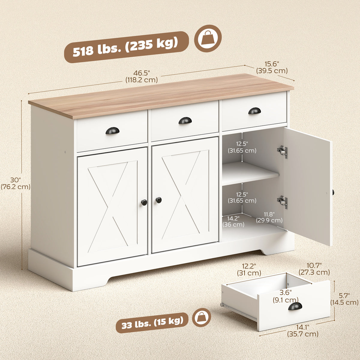 46.5" Farmhouse Buffet Cabinet - White Sideboard with 3 Doors-Sideboards & Buffets-DECOROLALA