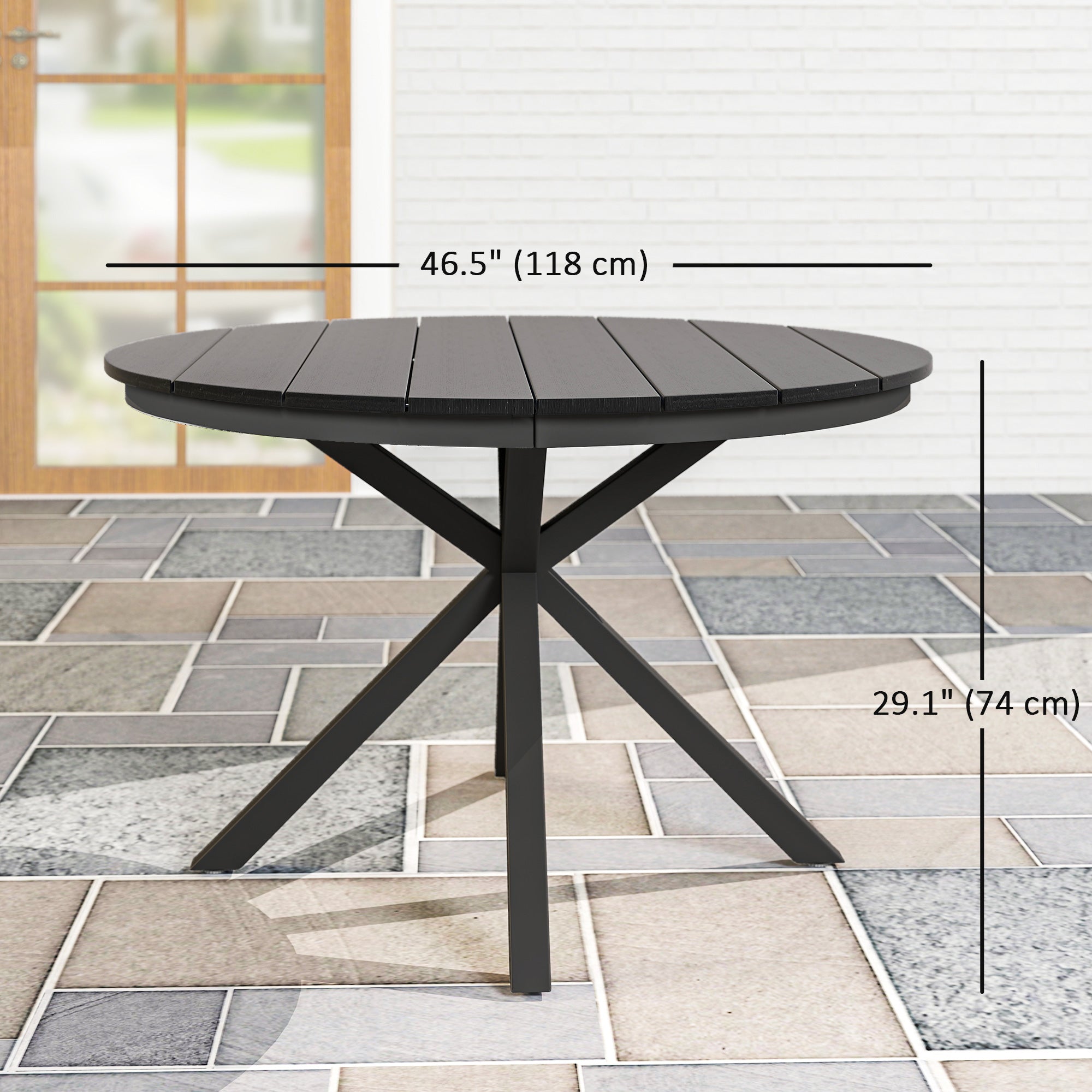 46.5" Round Picnic Dining Table for 6, Slatted Top, Black Aluminum Outdoor-DECOROLALA