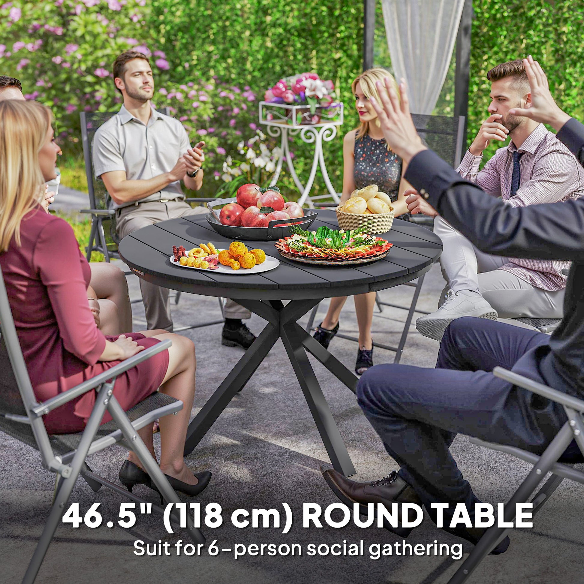 46.5" Round Picnic Dining Table for 6, Slatted Top, Black Aluminum Outdoor-DECOROLALA